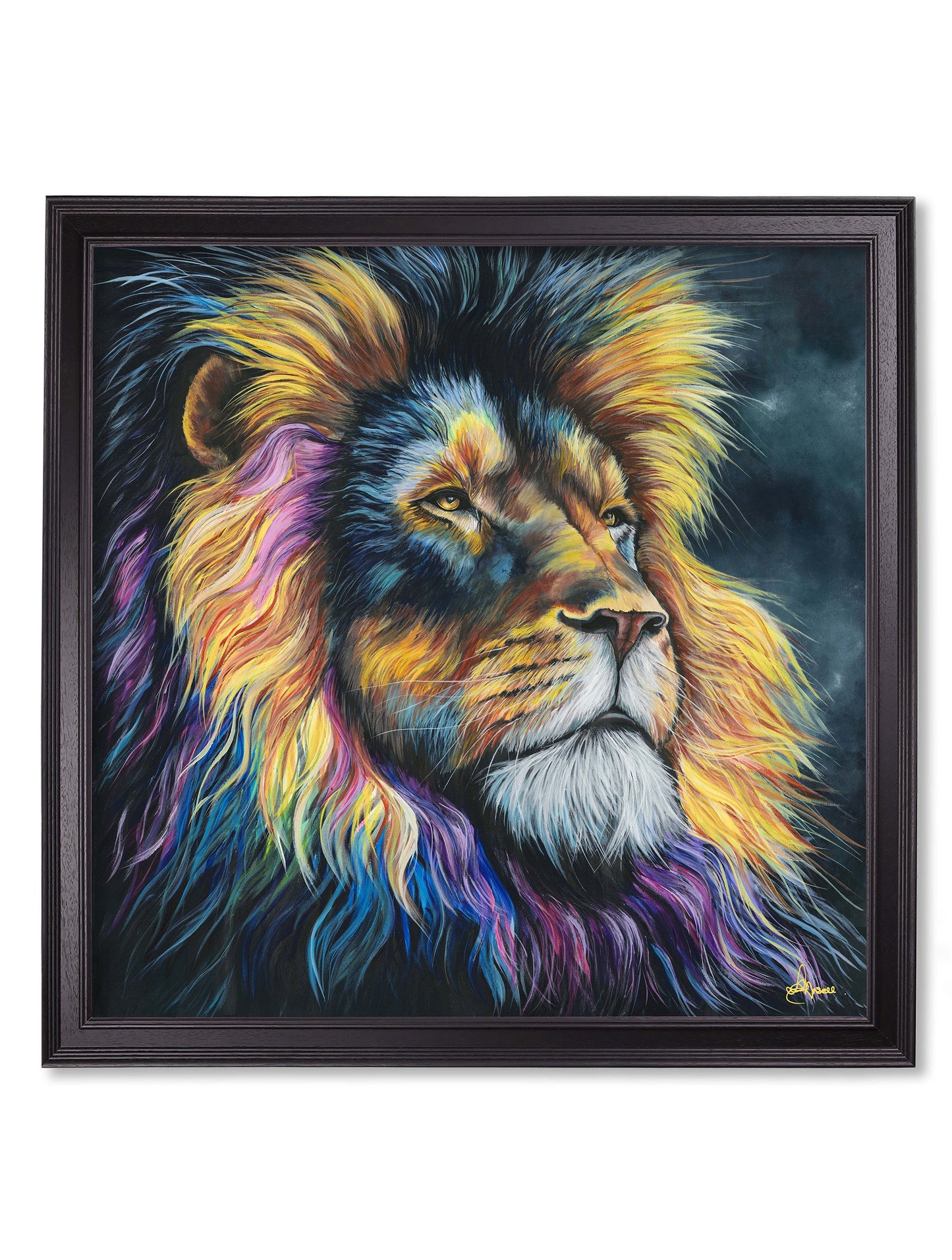 lion print courage by amy ansell black square frame - premium glass-fronted framed art print with solid wood frame, perfect for luxury home decor