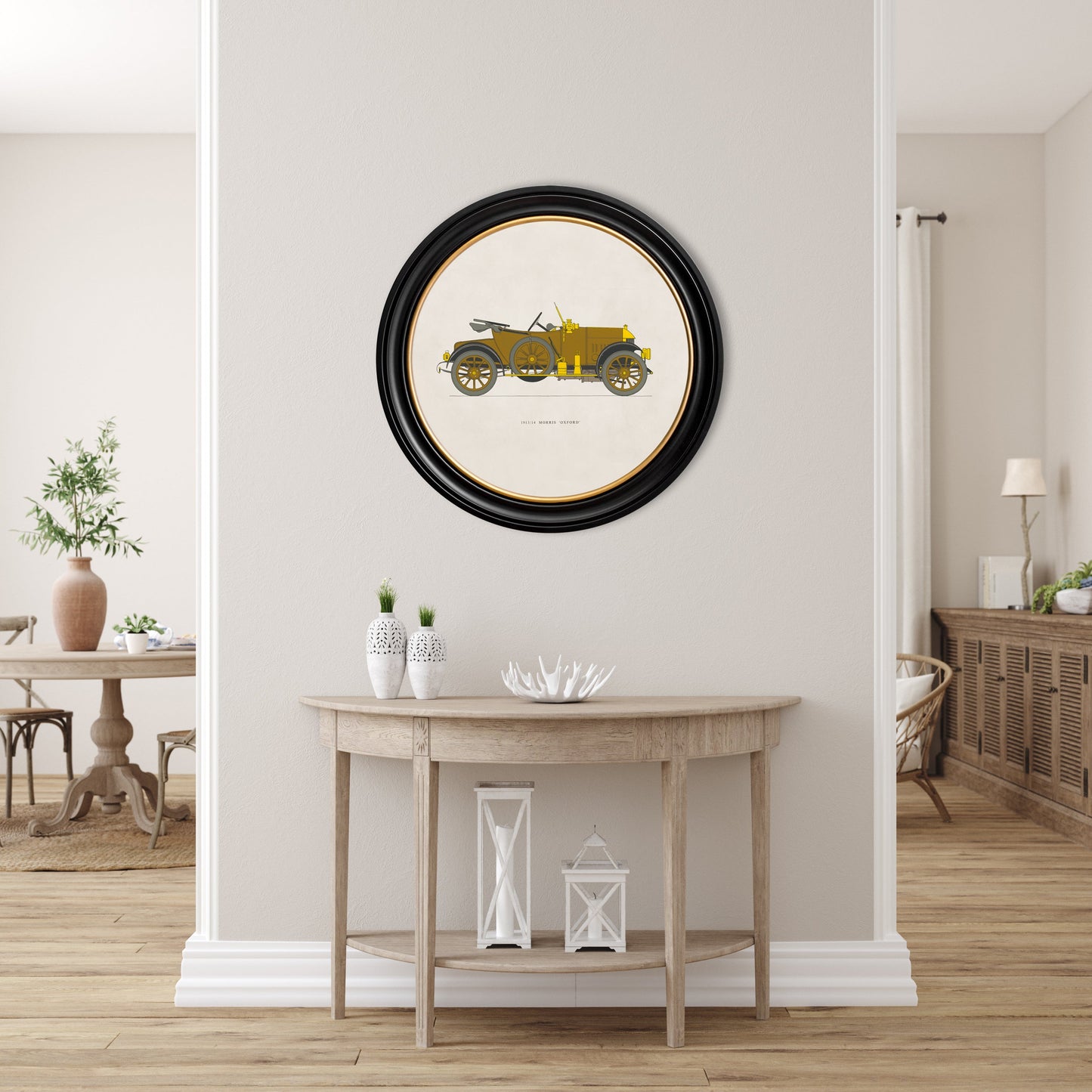 1913 14 morris oxford in round frame in size 70 x 70cm - glass-fronted framed wall art print with solid wood frame, perfect for statement wall decor