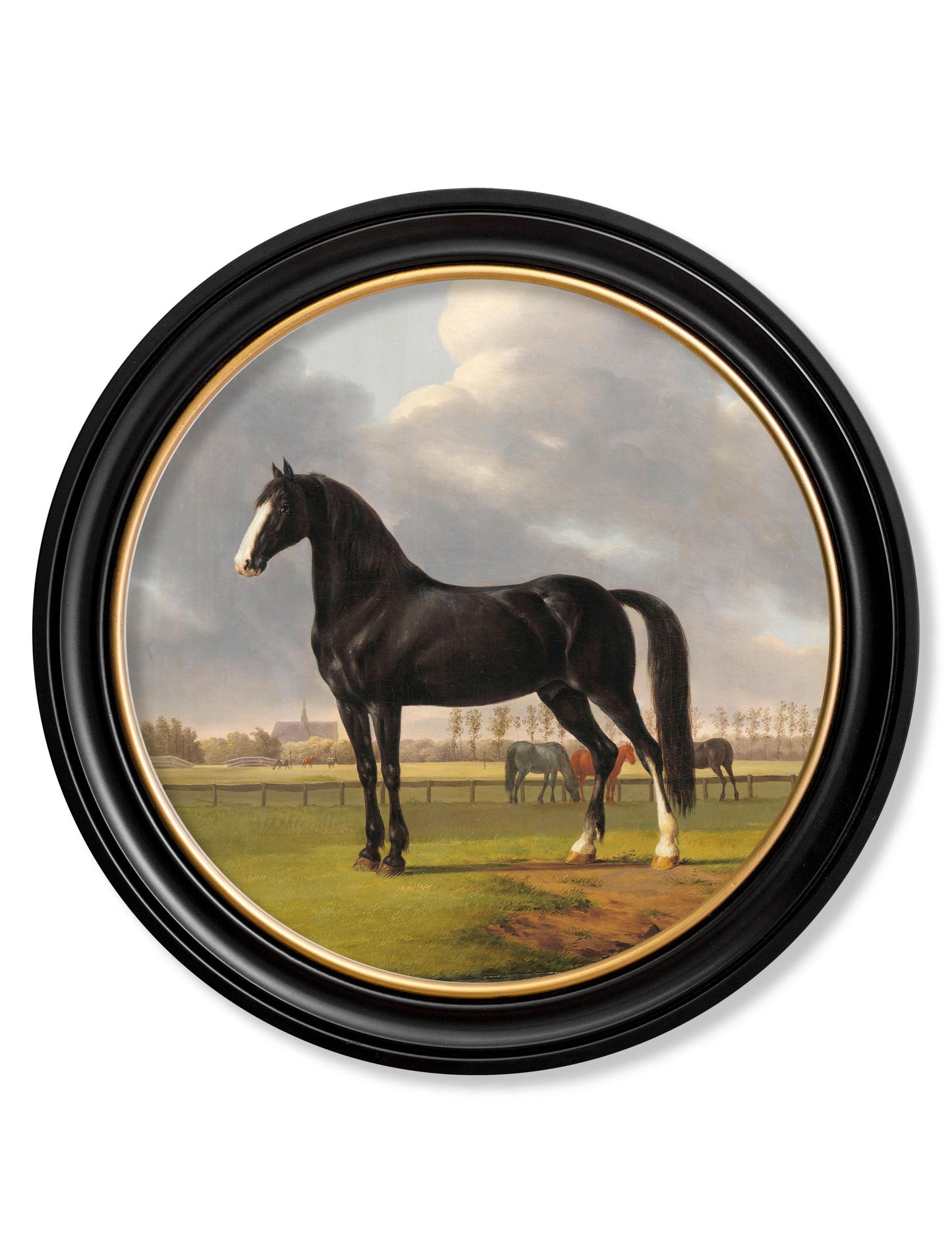 c 1840 horses round frame in size 96 x 96cm - glass-fronted framed wall art print with solid wood frame, adds elegance to your decor