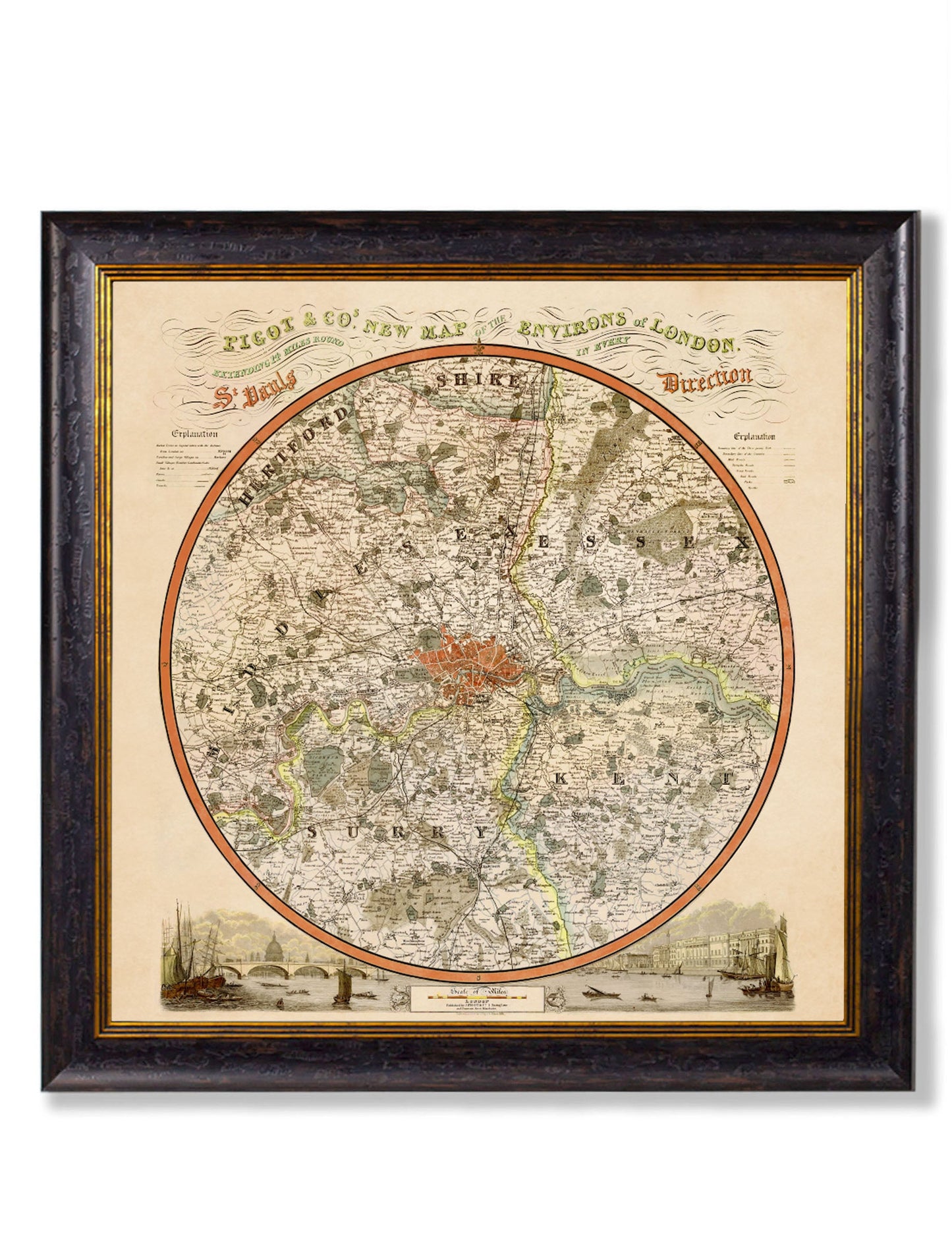 c.1839 Pigot & Co. New Map of the Environs London in size 70 x 70cm - glass-fronted framed wall art print with solid wood frame, a beautiful addition to stylish homes