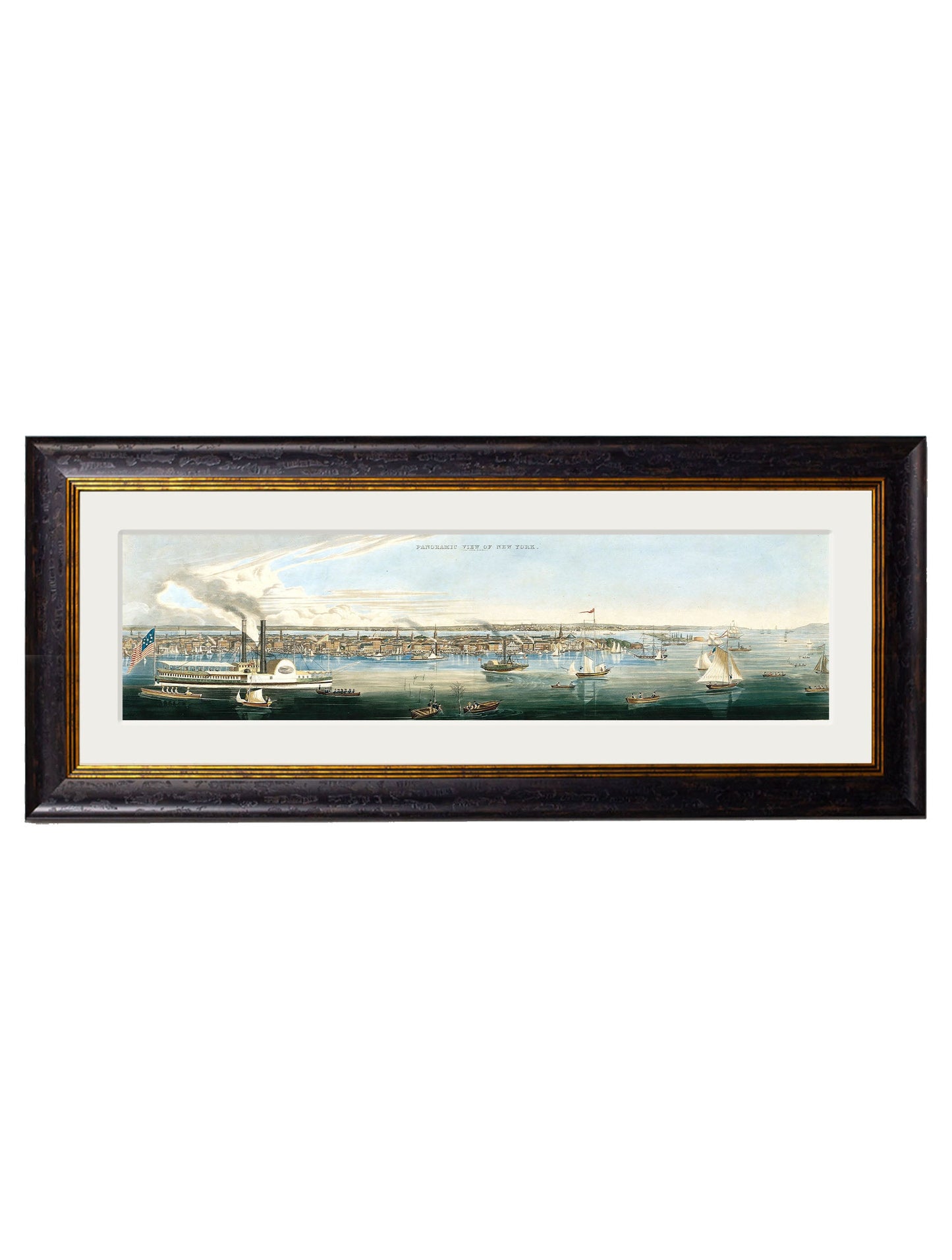 c 1844 panoramic views of new york in size 52 x 135cm - glass-fronted framed wall art print with solid wood frame, ideal for modern interiors