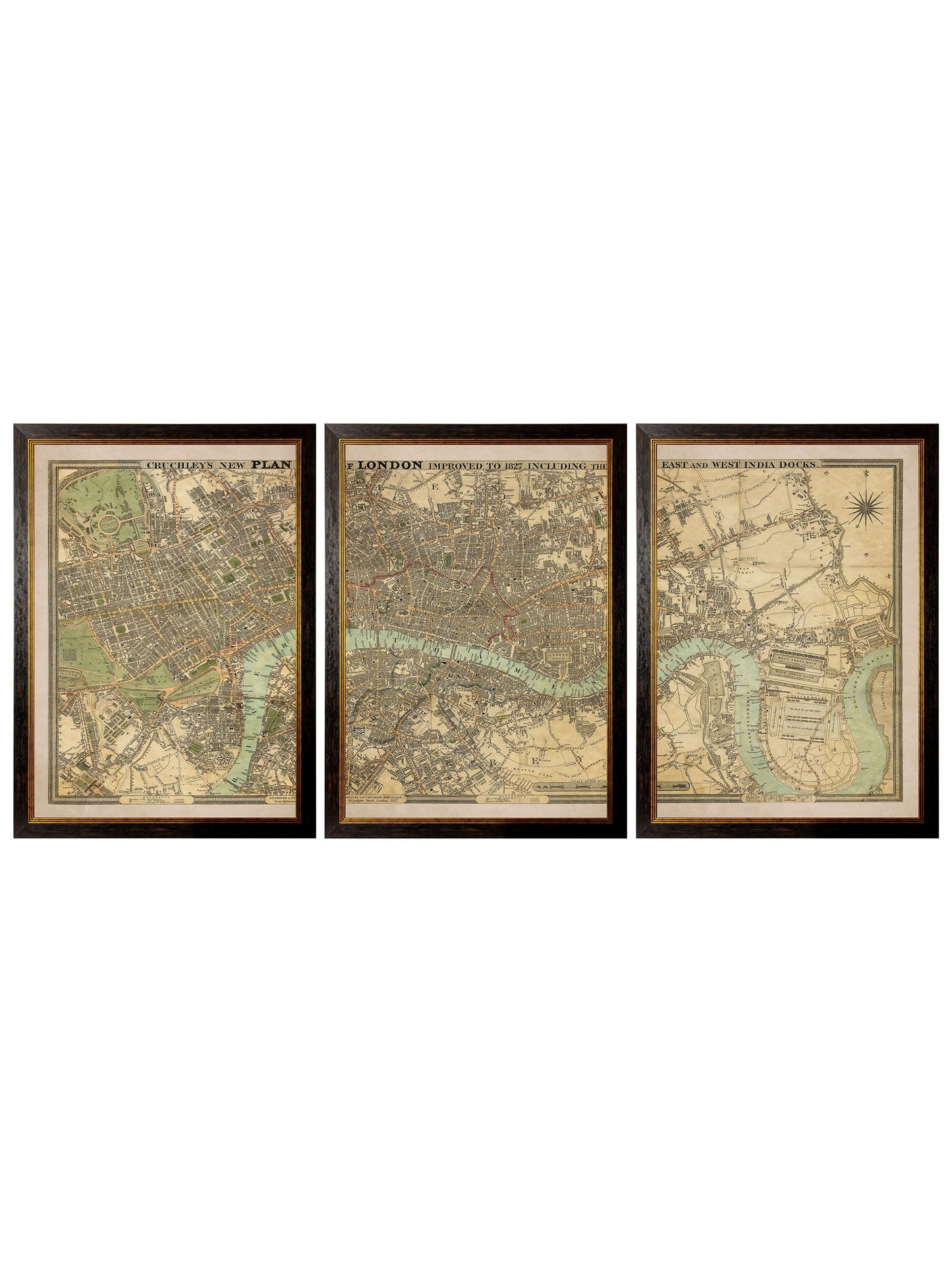 c.1827 London Triptych Map in size 114 x 50cm - glass-fronted framed wall art print with solid wood frame, perfect for statement wall decor