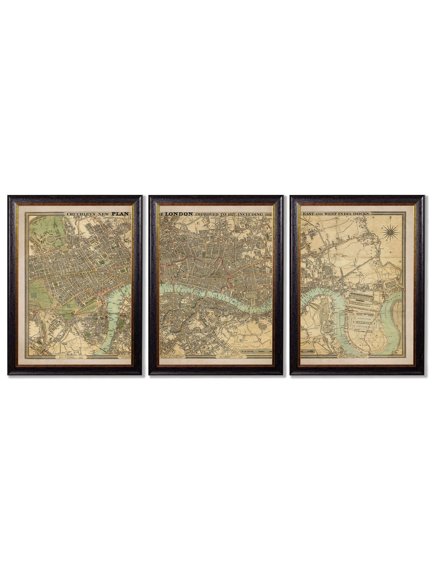 c 1827 london map three framed giclee prints in size 200cm x 92cm - glass-fronted framed wall art print with solid wood frame, a beautiful addition to stylish homes