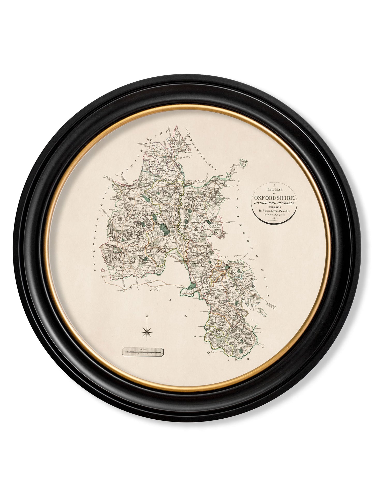 of c 1806 county maps of england round in size 70 x 70cm - glass-fronted framed wall art print with solid wood frame, designed for high-end interior design