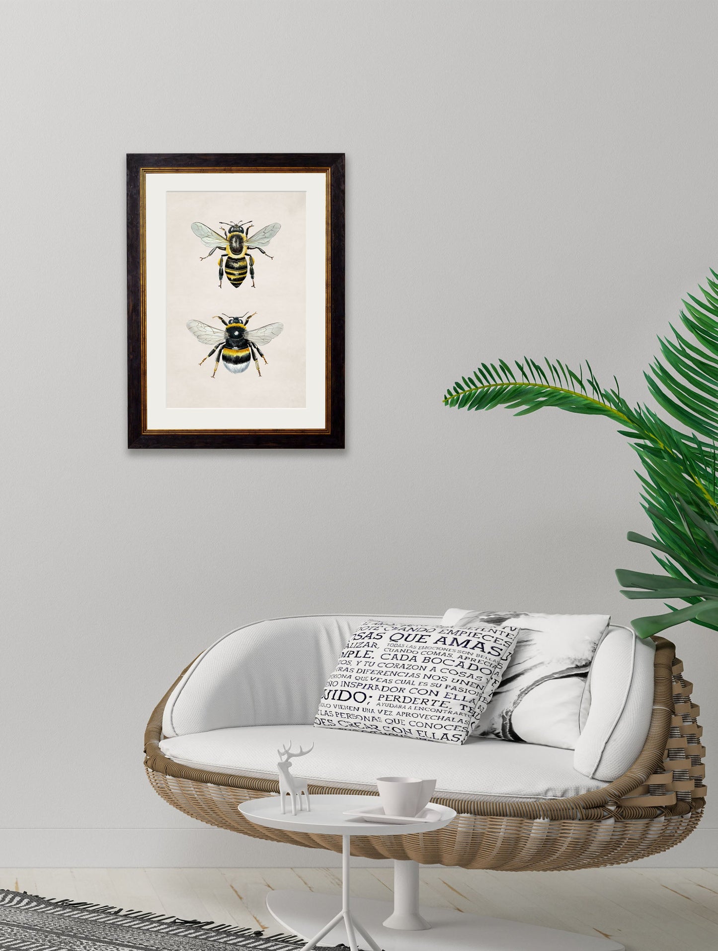 honey and bumble bee in size 50 x 70cm - glass-fronted framed wall art print with solid wood frame, perfect for luxury home decor
