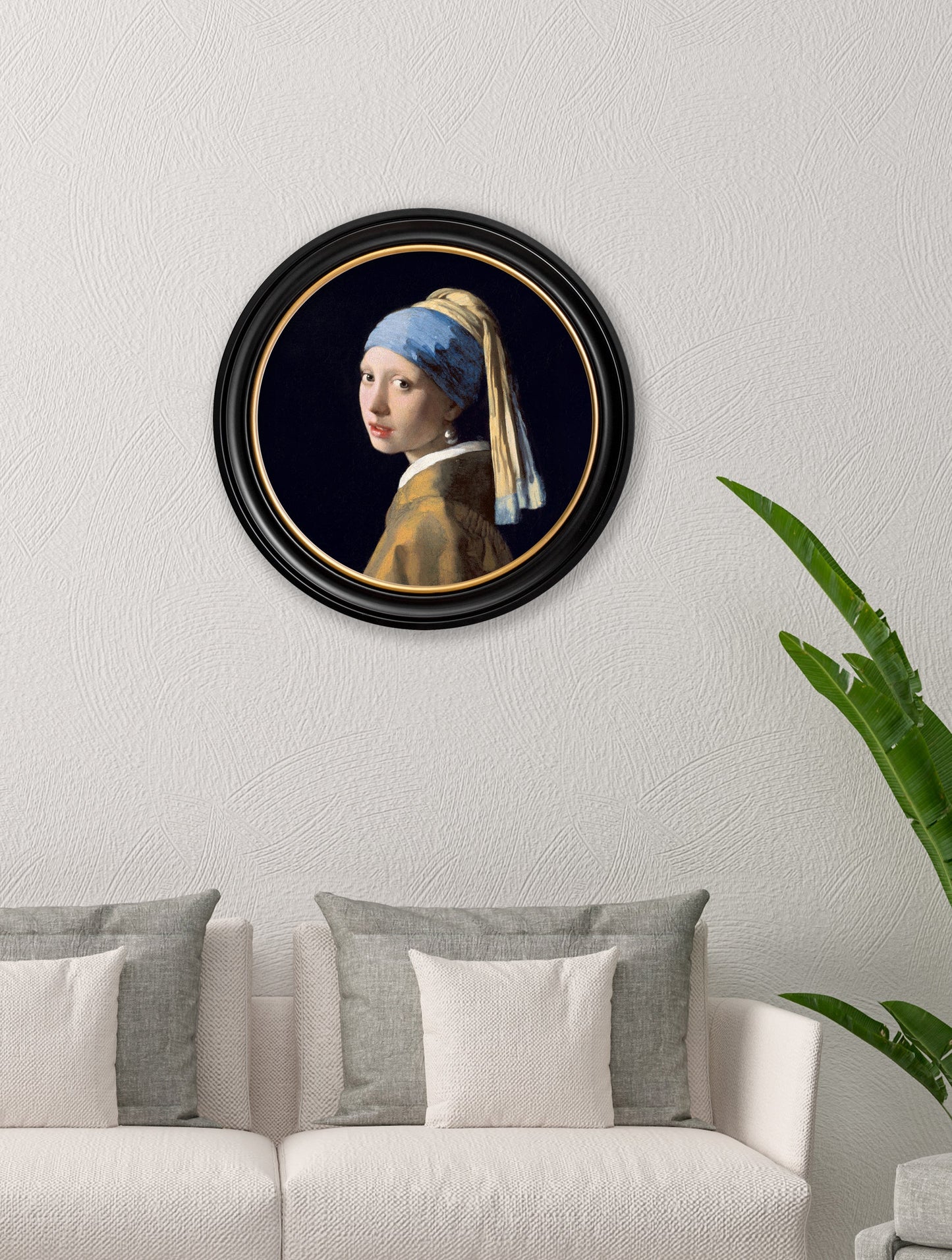c 1665 girl with a pearl earring round frame in size 70 x 70cm - glass-fronted framed wall art print with solid wood frame, a beautiful addition to stylish homes