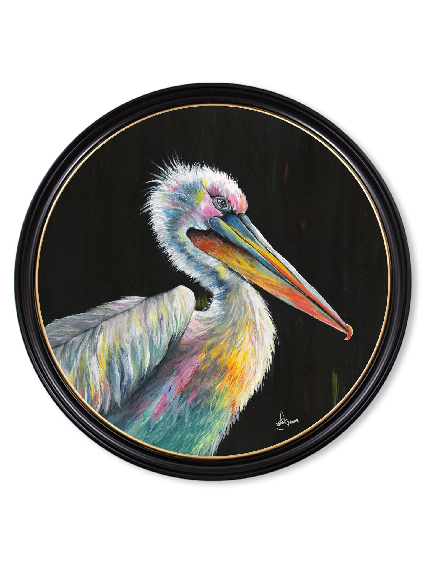 pelican print pierre by amy ansell black round frame - premium glass-fronted framed art print with solid wood frame, ideal for contemporary home styling