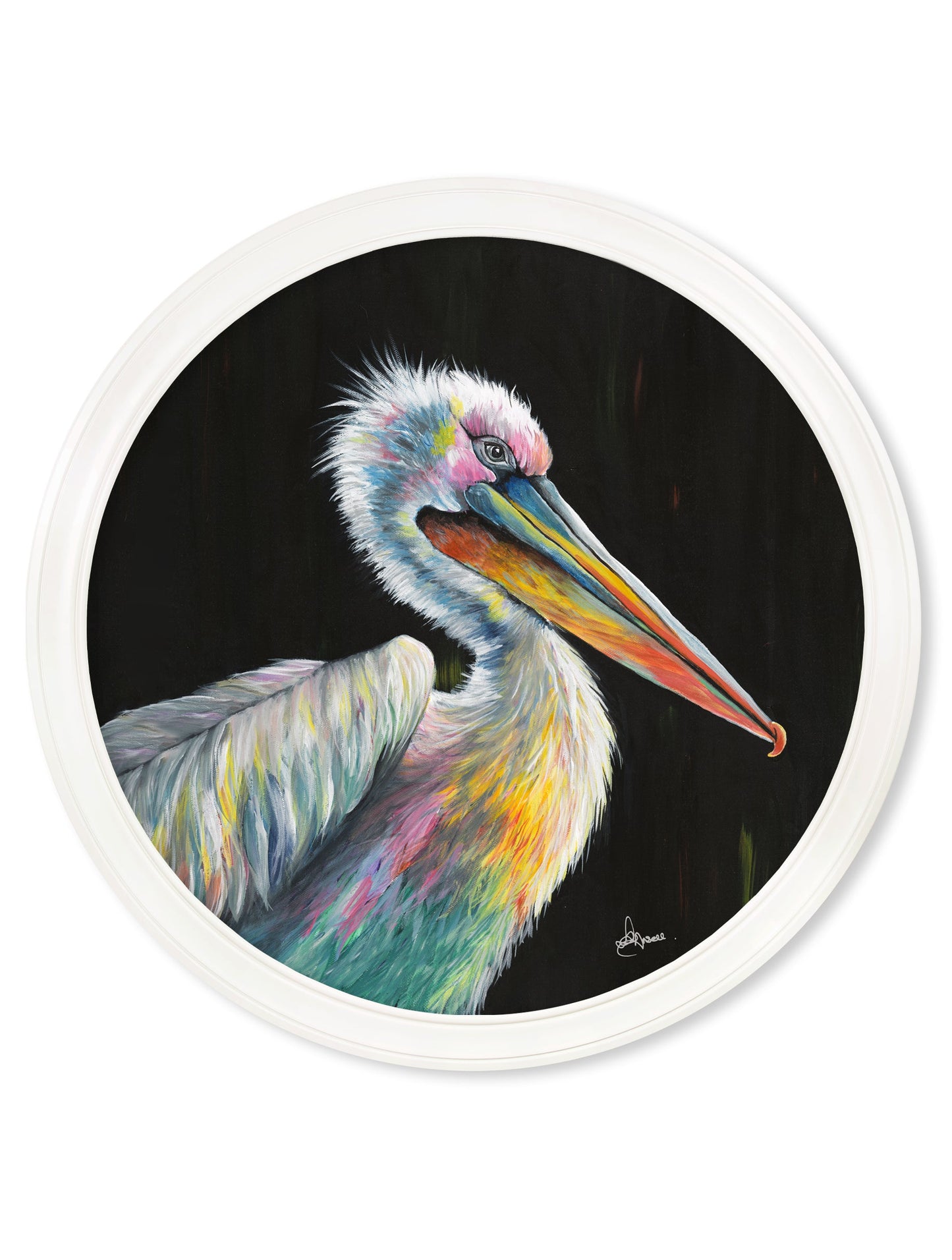 pelican print pierre by amy ansell strong white round frame - premium glass-fronted framed art print with solid wood frame, designed for high-end interior design