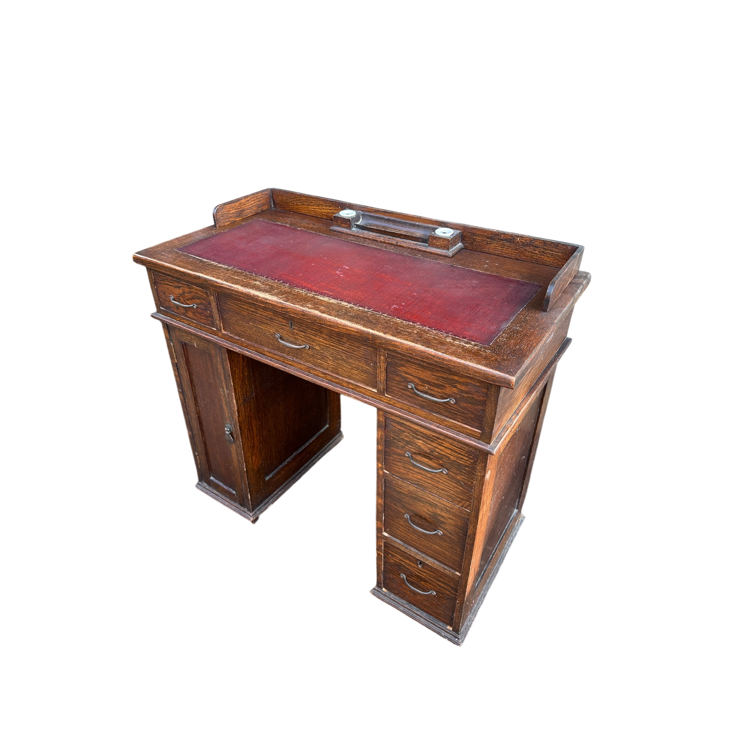 Small 1930's Leather Topped Kneehole Writing Desk With Inkwells from Selfridge & Co