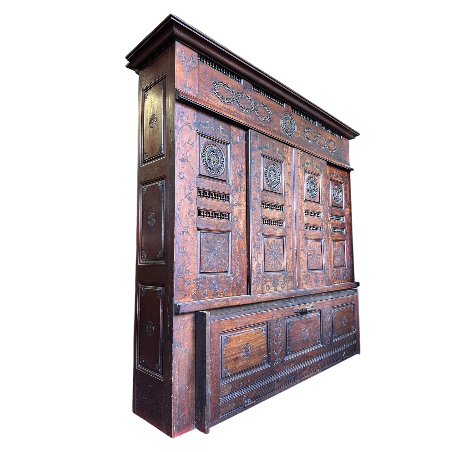 French Breton Wooden Armoire Cabinet, Hand Carved Antique French 1900’s, French Folk Art Cupboard Dresser