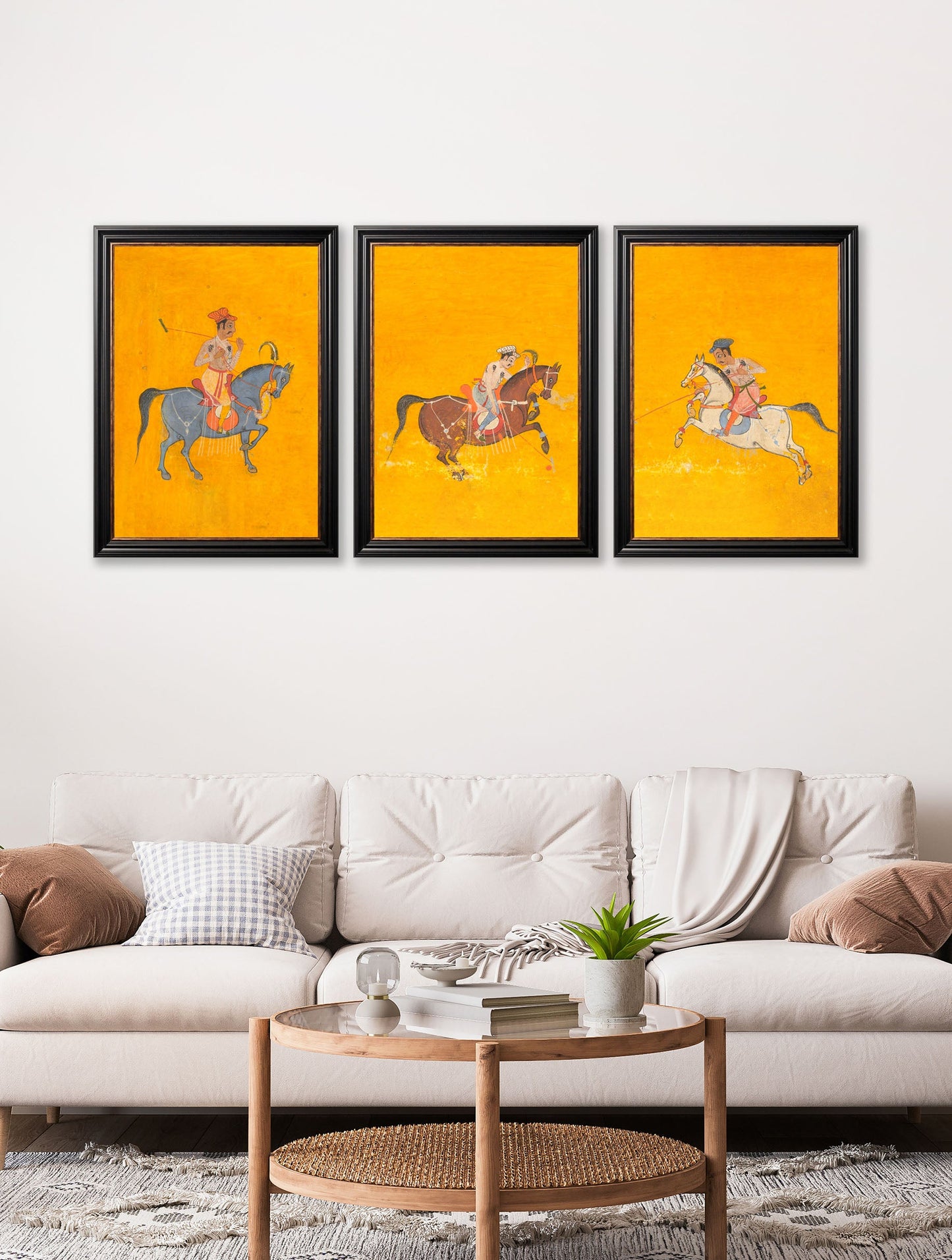 c 17th century indian polo players triptych in size 50 x 70cm - glass-fronted framed wall art print with solid wood frame, a beautiful addition to stylish homes