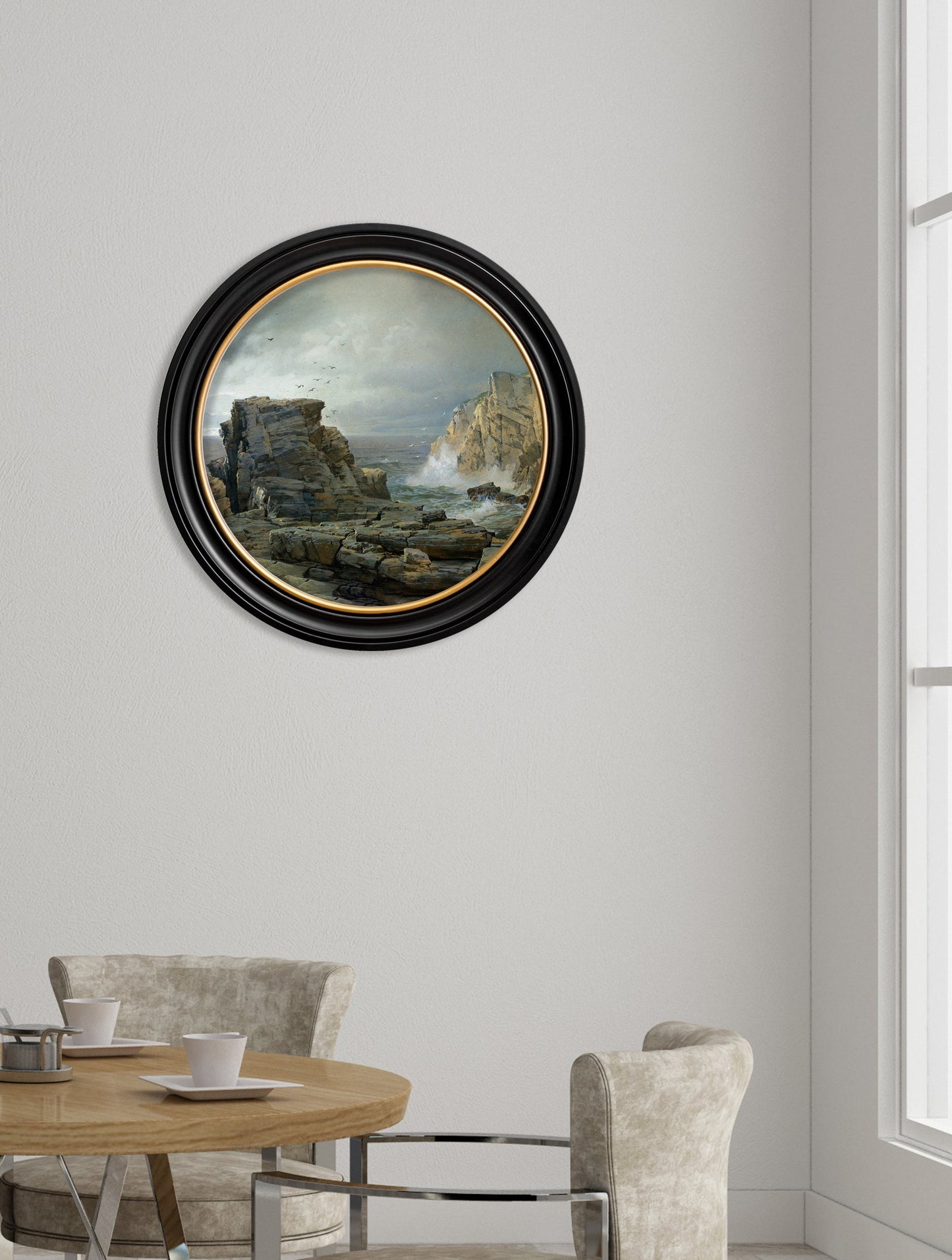 c 1877 rocky coast round frame in size 70 x 70cm - glass-fronted framed wall art print with solid wood frame, ideal for contemporary home styling