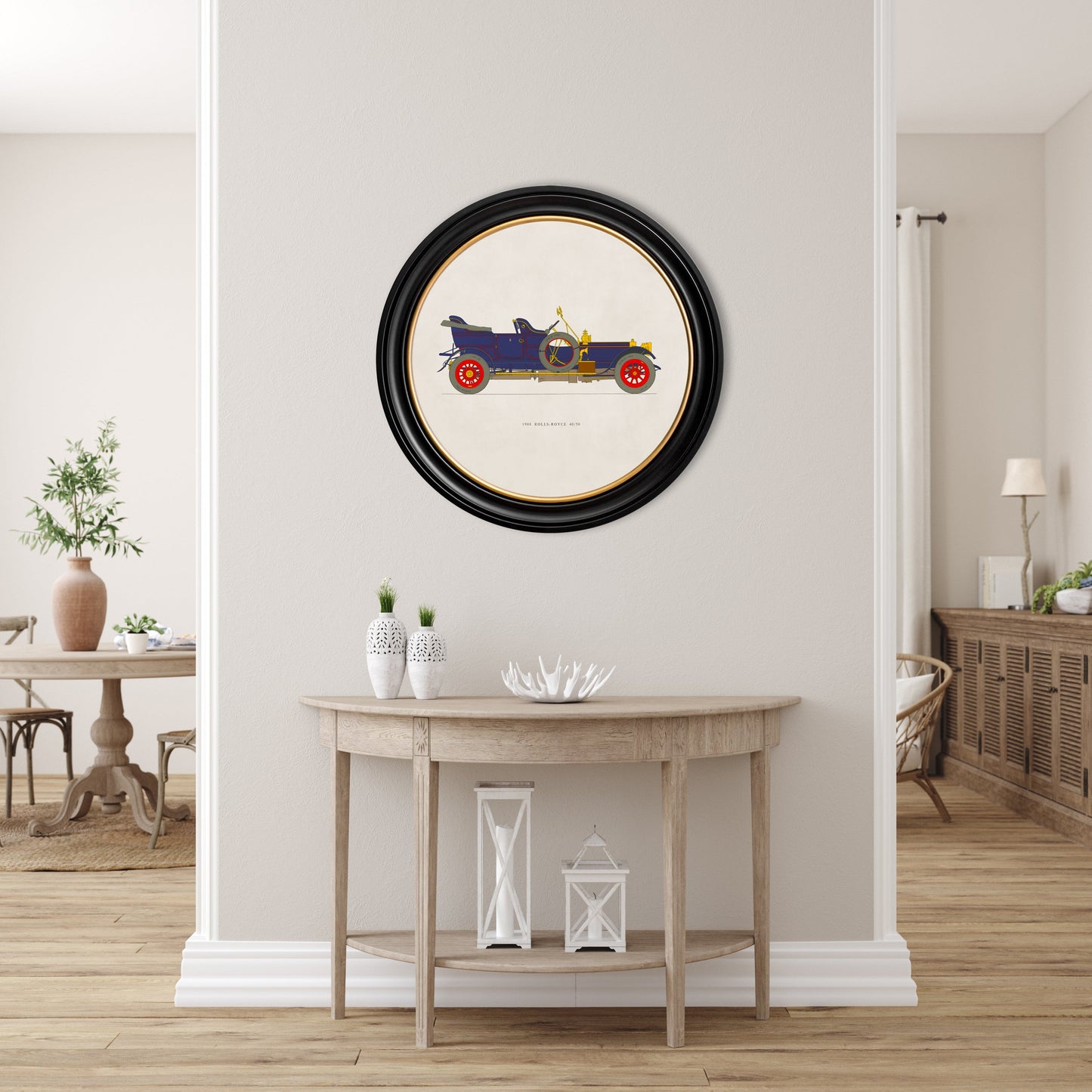 1908 rolls royce 40 50 in round frame in size 70 x 70cm - glass-fronted framed wall art print with solid wood frame, ideal for contemporary home styling