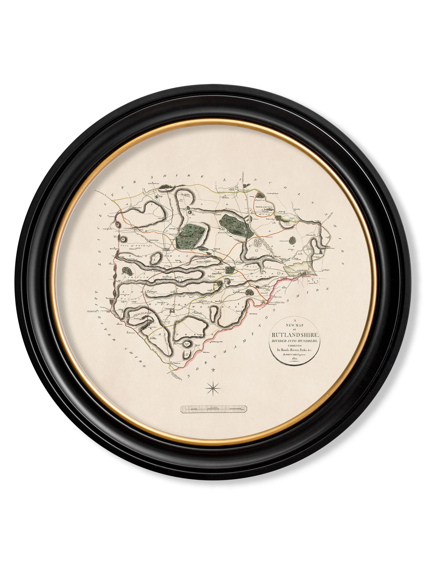of c 1806 county maps of england round in size 70 x 70cm - glass-fronted framed wall art print with solid wood frame, luxury wall art for sophisticated spaces