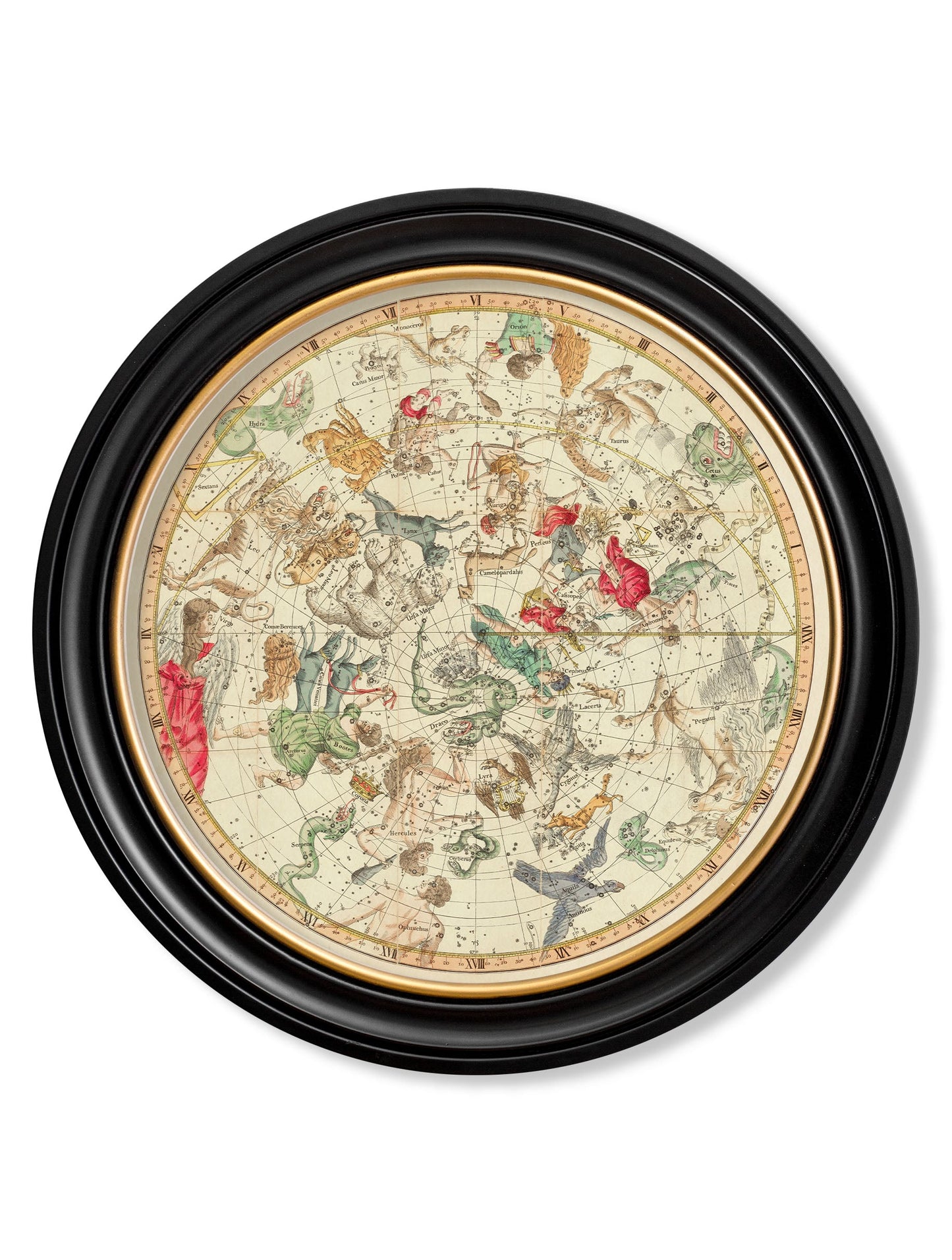 c 1820 map of constellations round frame in size 70 x 70cm - glass-fronted framed wall art print with solid wood frame, ideal for contemporary home styling