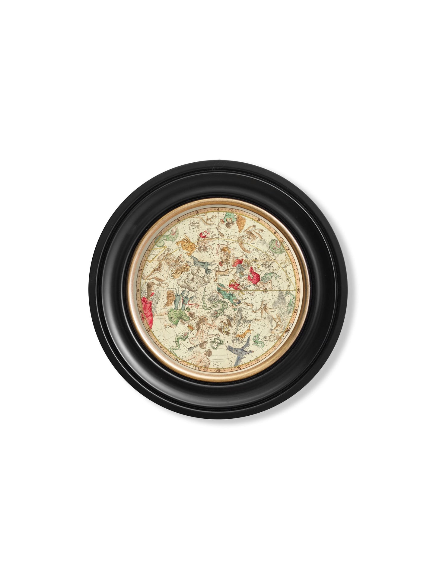 c 1820 map of constellations round frame in size 44 x 44cm - glass-fronted framed wall art print with solid wood frame, ideal for modern interiors