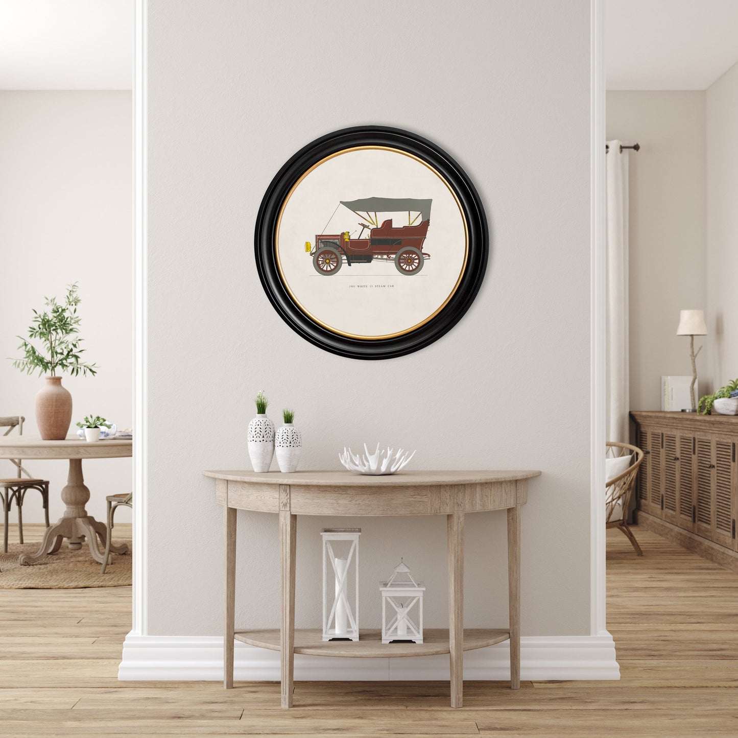 1905 white 15 steam car in round frame in size 70 x 70cm - glass-fronted framed wall art print with solid wood frame, adds elegance to your decor