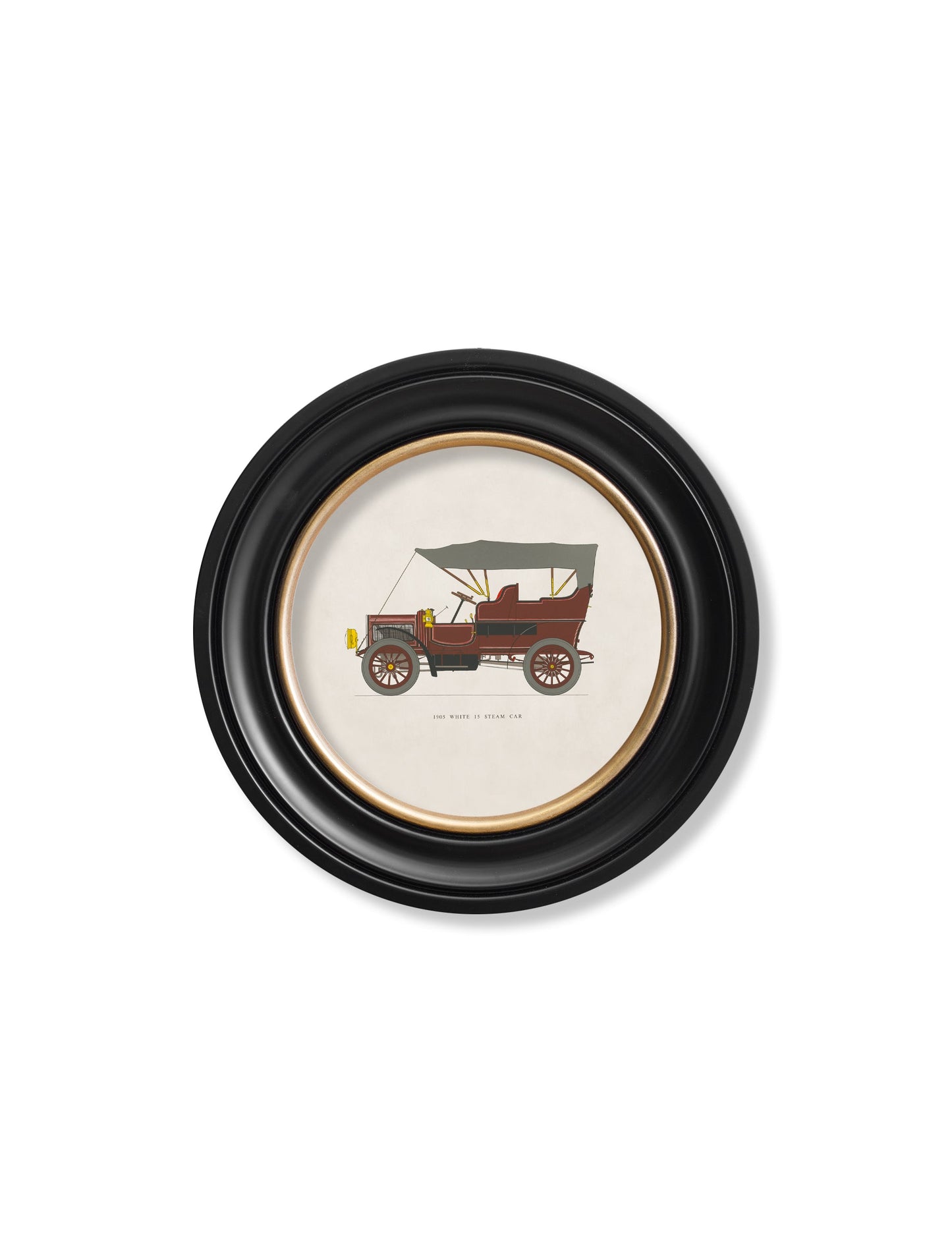 1905 white 15 steam car in round frame - premium glass-fronted framed art print with solid wood frame, perfect for statement wall decor