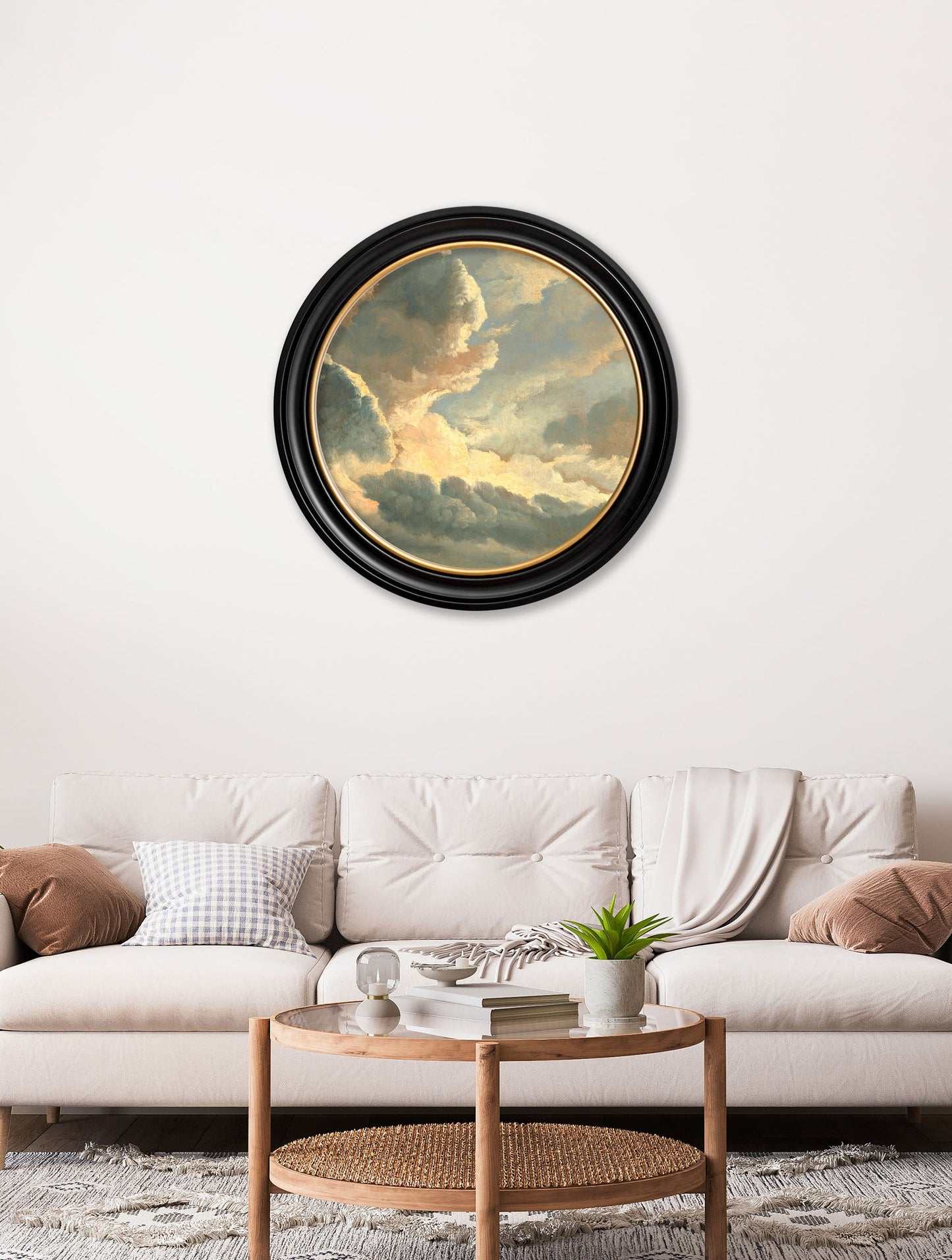 study of clouds round frame in size 70 x 70cm - glass-fronted framed wall art print with solid wood frame, adds elegance to your decor