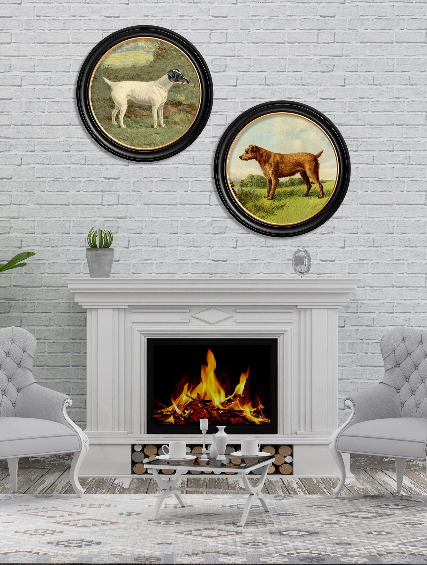 c 1881 terriers round frame in size 44 x 44cm - glass-fronted framed wall art print with solid wood frame, designed for high-end interior design