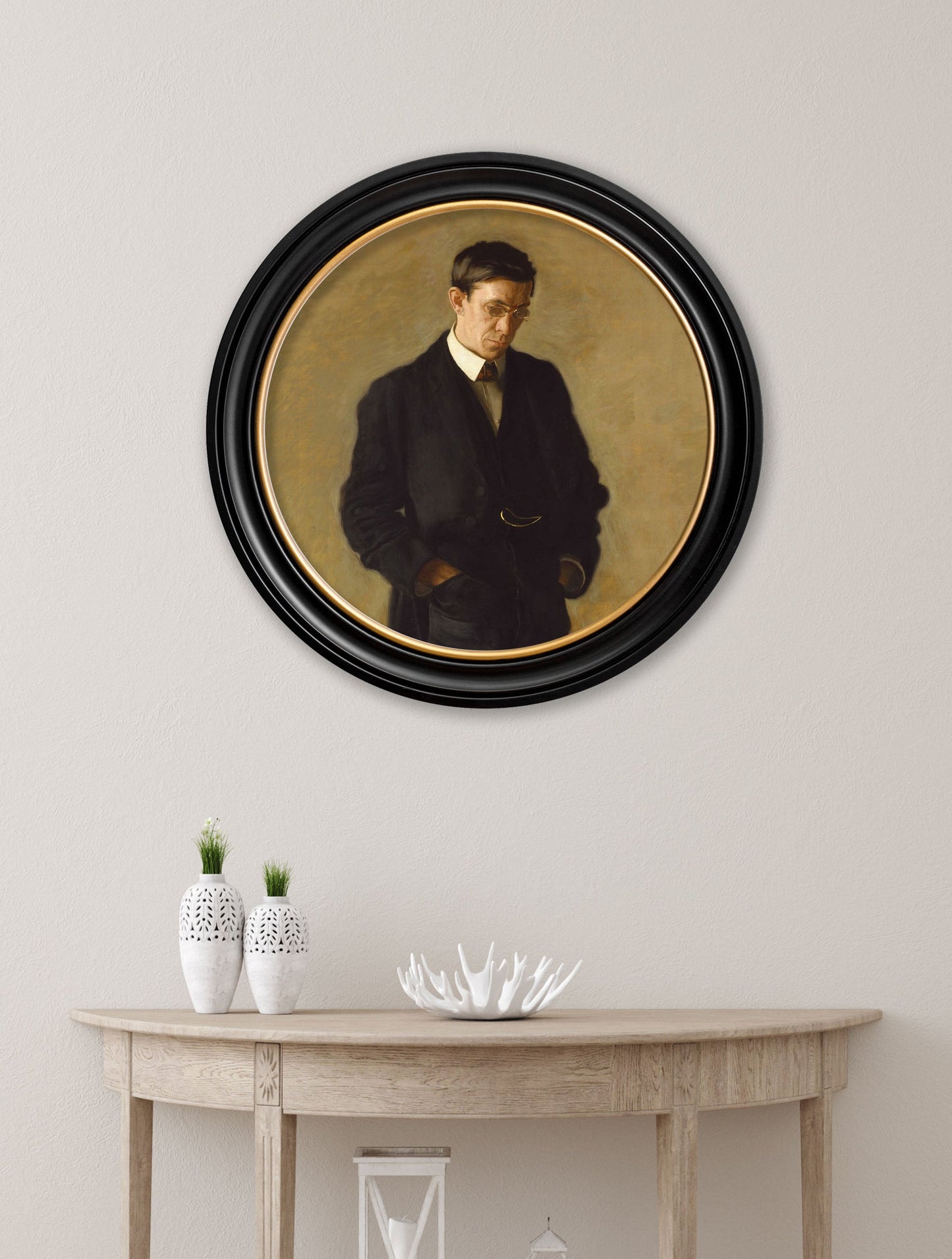 c 1900 the thinker thomas eakins round frame in size 70 x 70cm - glass-fronted framed wall art print with solid wood frame, a beautiful addition to stylish homes