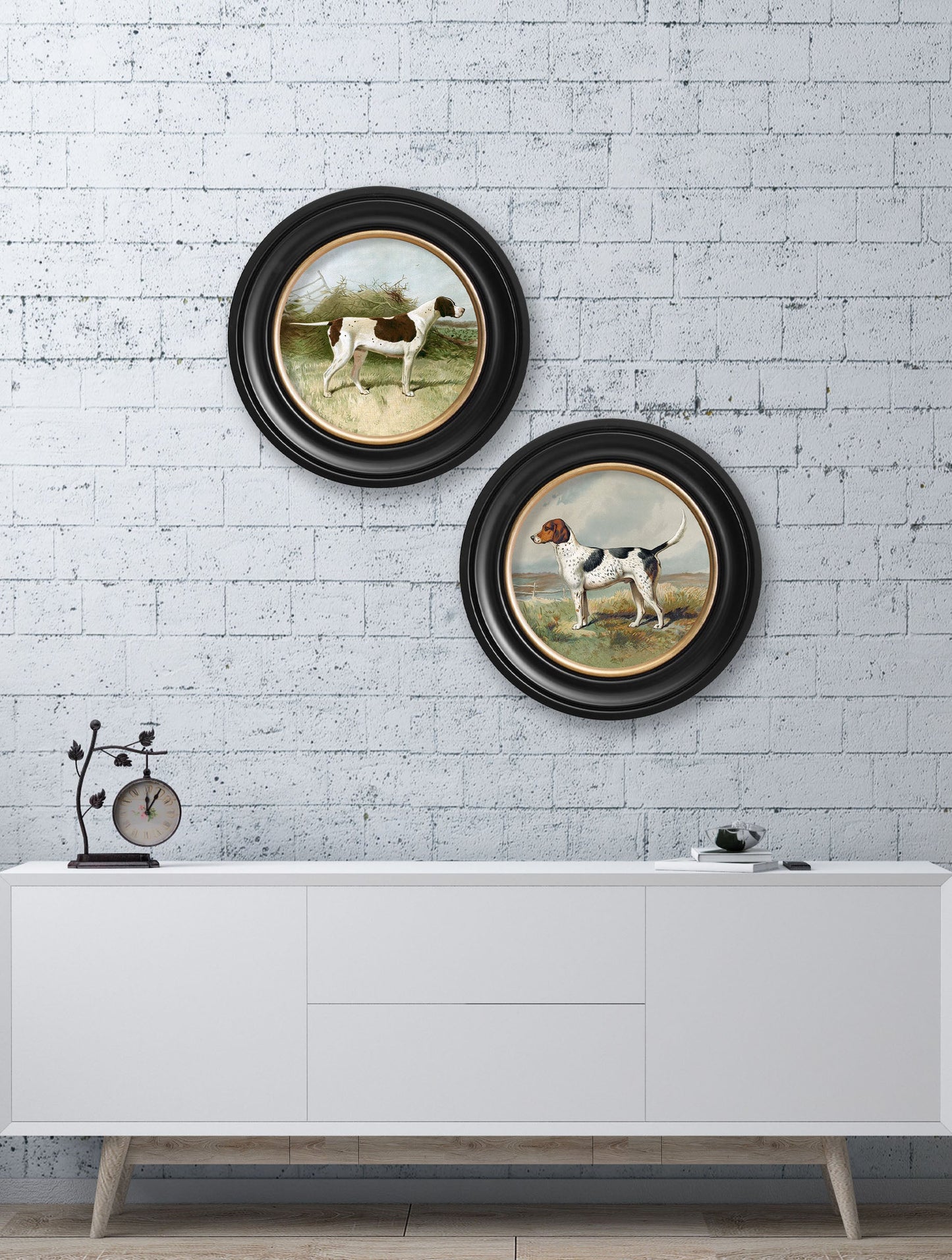 c 1881 working dogs round frame in size 44 x 44cm - glass-fronted framed wall art print with solid wood frame, perfect for luxury home decor