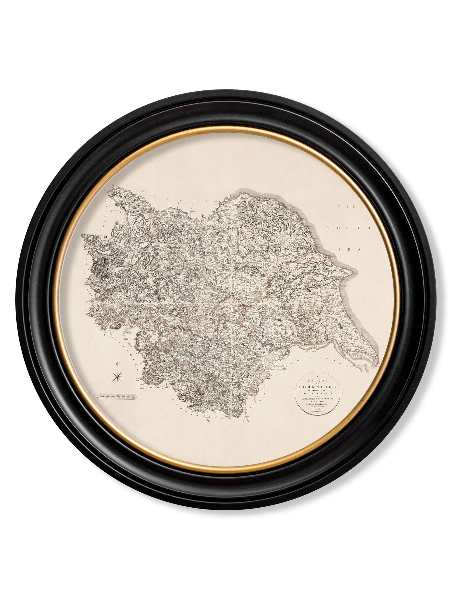 of c 1806 county maps of england round in size 70 x 70cm - glass-fronted framed wall art print with solid wood frame, designed for high-end interior design