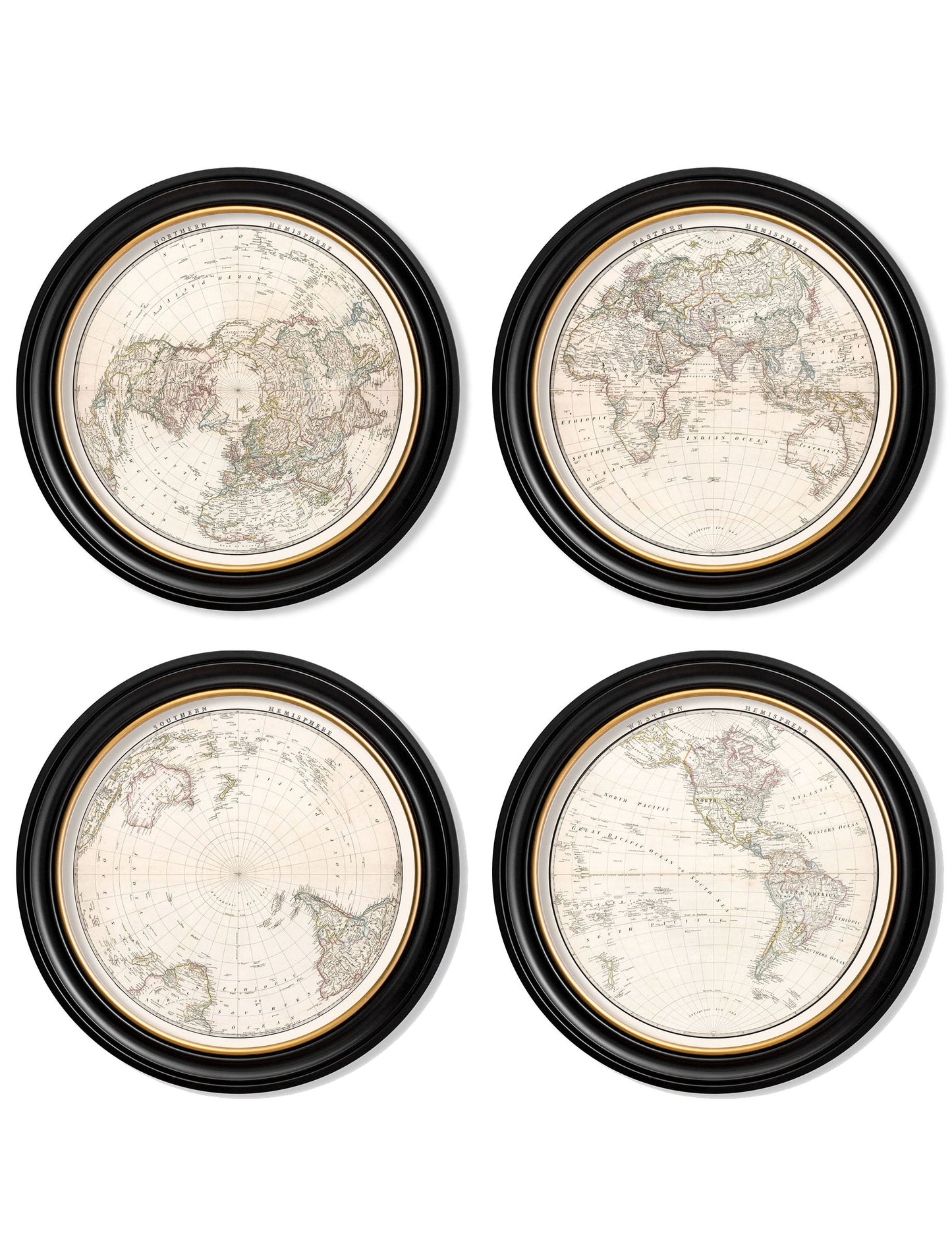 c.1838 World Map Hemispheres in Round Frames in size 44 x44cm - glass-fronted framed wall art print with solid wood frame, ideal for modern interiors