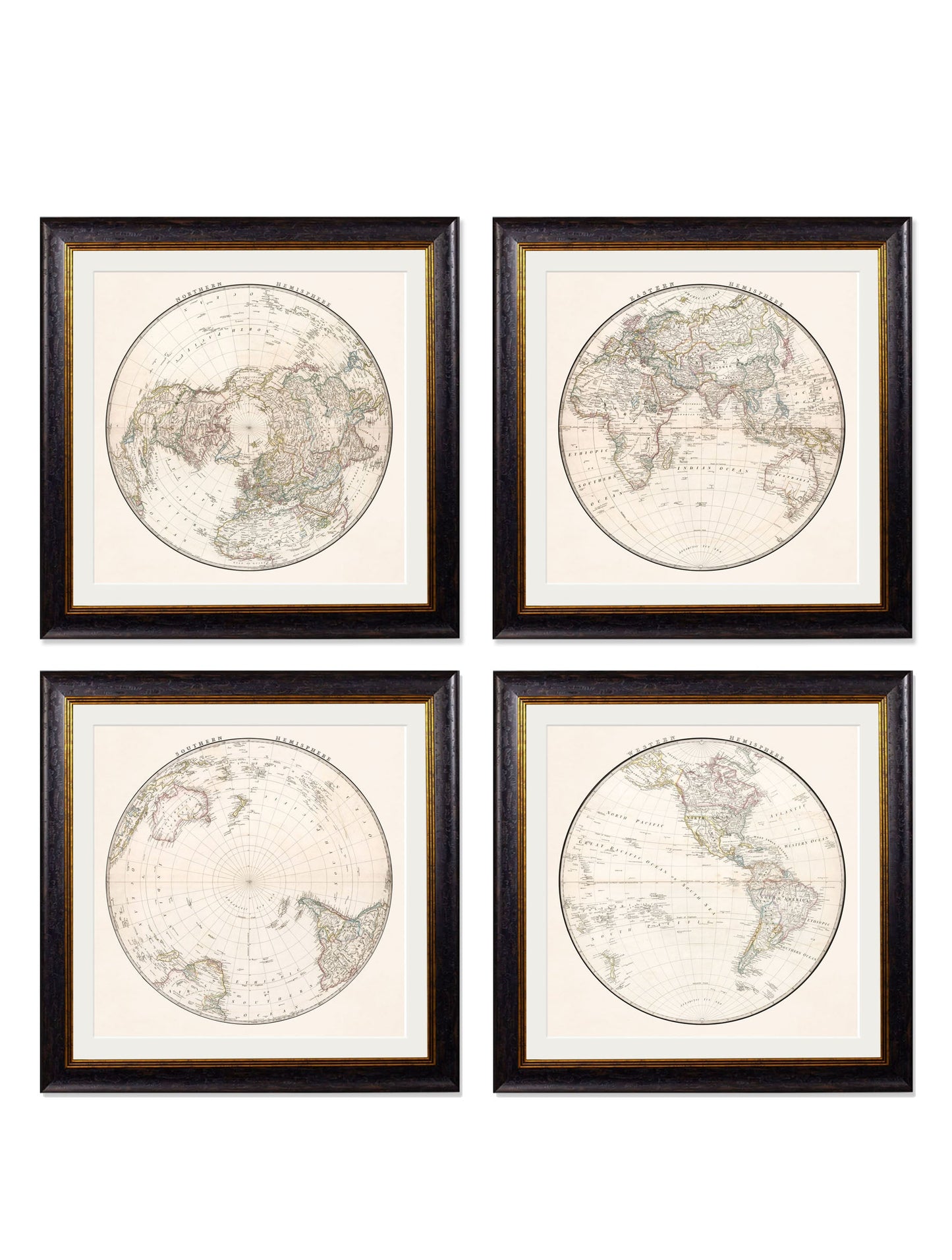 c.1838 World Map Hemispheres in size 70 x 70cm - glass-fronted framed wall art print with solid wood frame, designed for high-end interior design