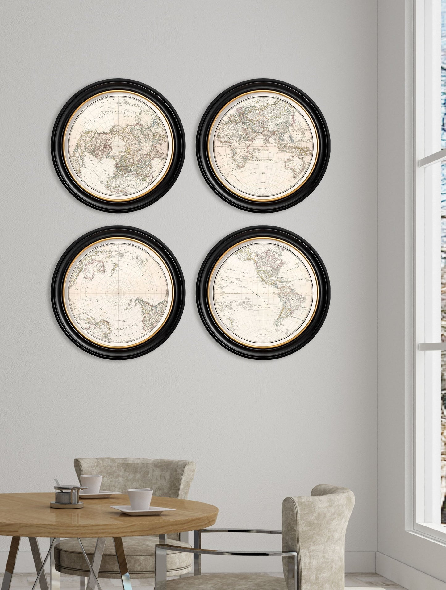 c 1809 world map hemispheres in round frames in size 44 x44cm - glass-fronted framed wall art print with solid wood frame, ideal for contemporary home styling