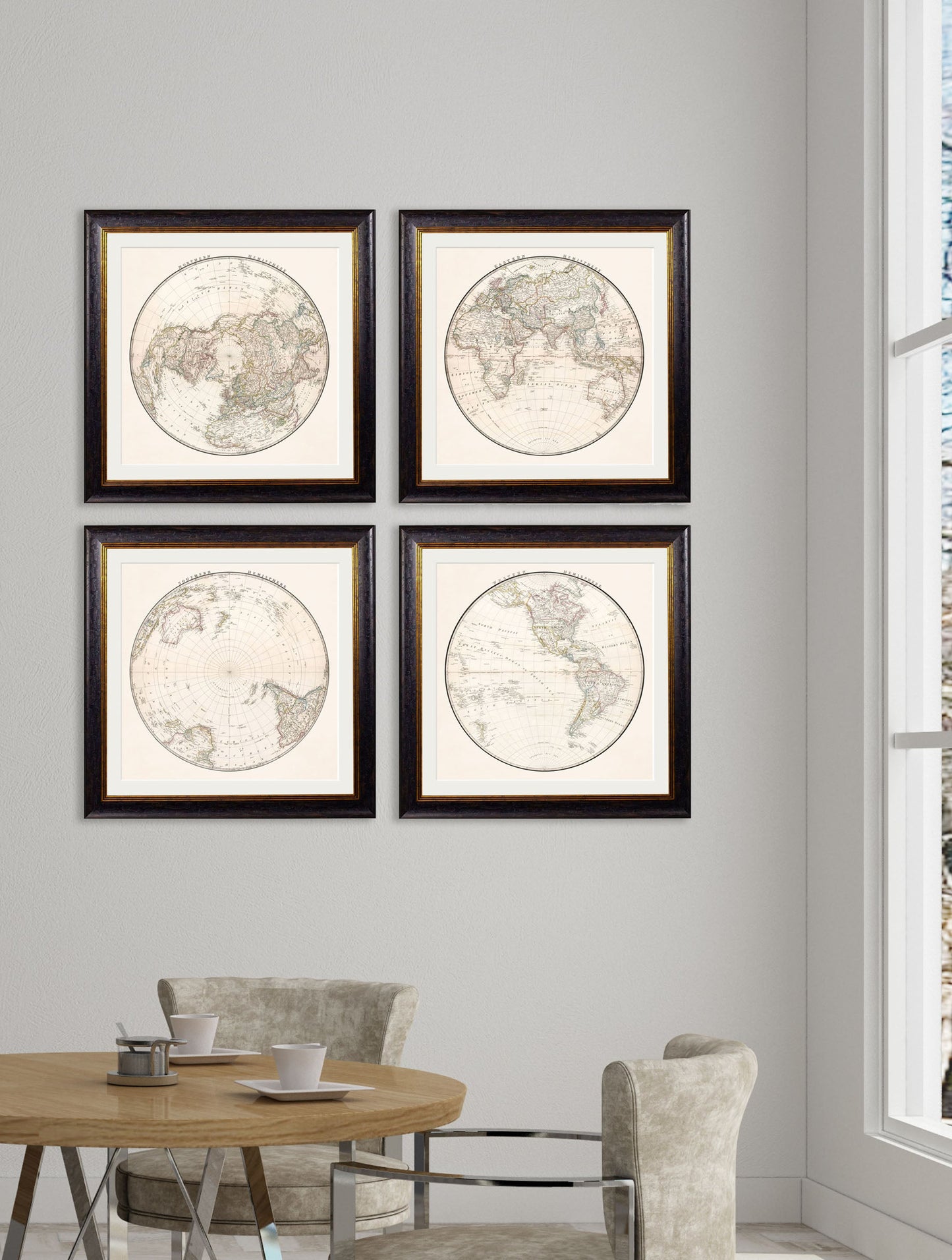 c 1838 world map hemispheres in size 70 x 70cm - glass-fronted framed wall art print with solid wood frame, ideal for contemporary home styling