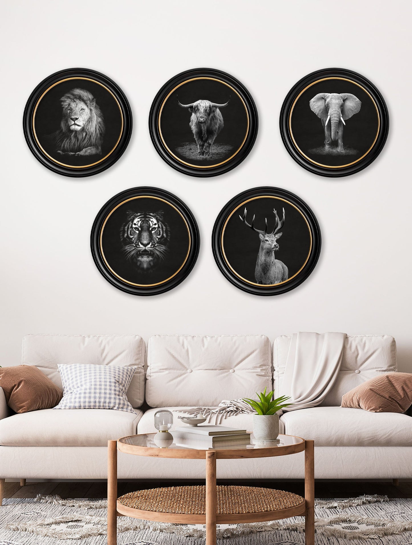 wildlife photography red deer round frame in size 70 x 70cm - glass-fronted framed wall art print with solid wood frame, designed for high-end interior design