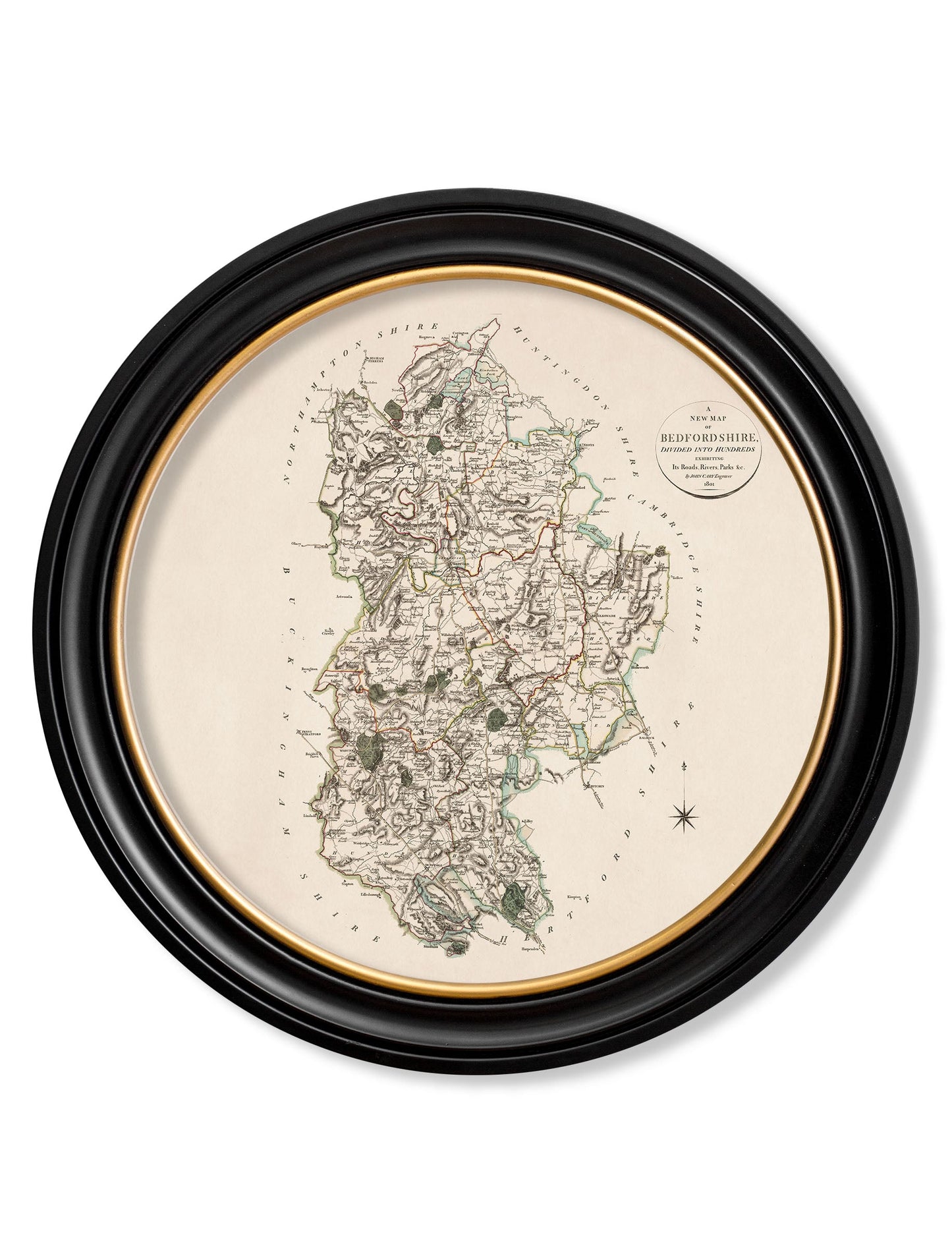 of c 1806 county maps of england round in size 70 x 70cm - glass-fronted framed wall art print with solid wood frame, a beautiful addition to stylish homes