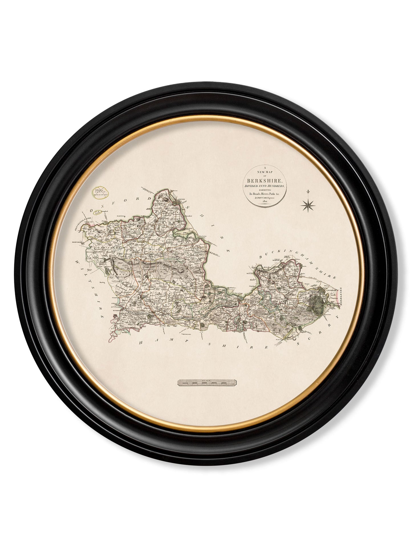 of c 1806 county maps of england round in size 70 x 70cm - glass-fronted framed wall art print with solid wood frame, perfect for statement wall decor