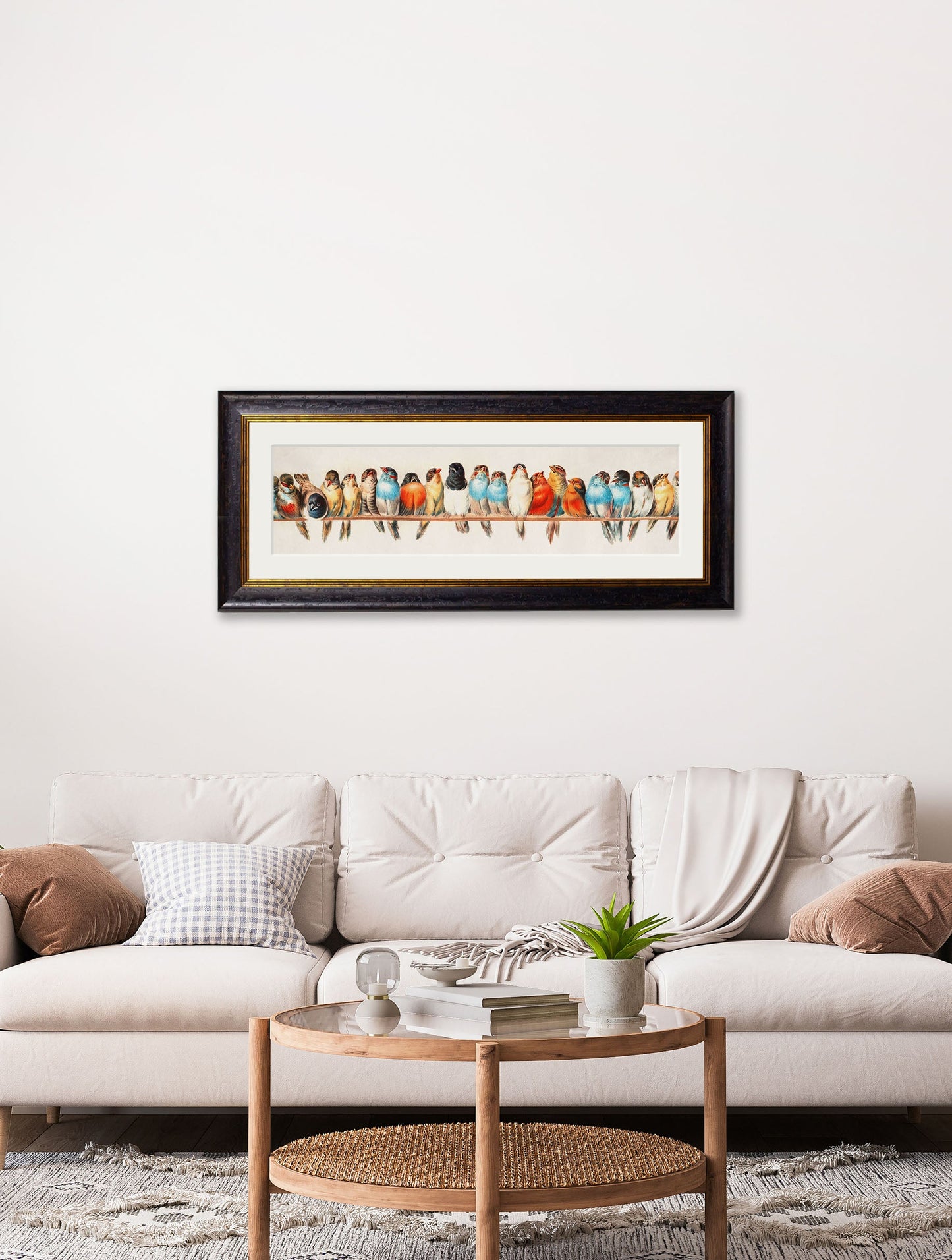 birds on a wire panoramic in size 52 x 135cm - glass-fronted framed wall art print with solid wood frame, perfect for luxury home decor