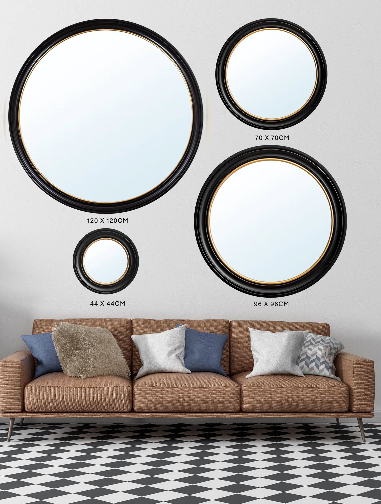 black and gold round mirror in size 70 x 70cm - glass-fronted framed wall art print with solid wood frame, adds elegance to your decor