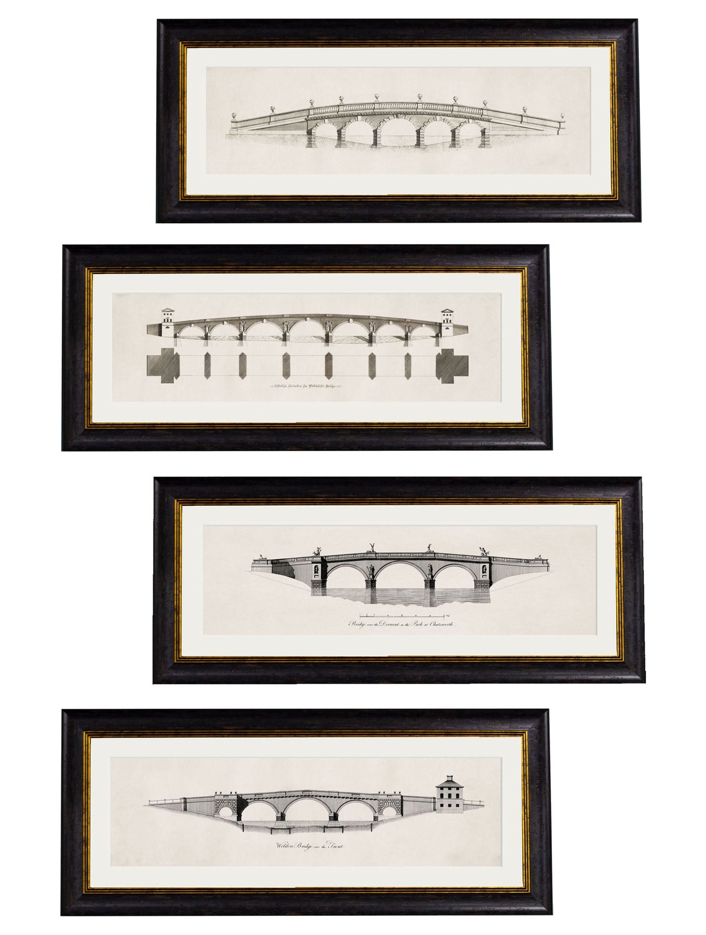 c.1700's Architectural Elevations of Bridges in size 95 x 38cm - glass-fronted framed wall art print with solid wood frame, designed for high-end interior design
