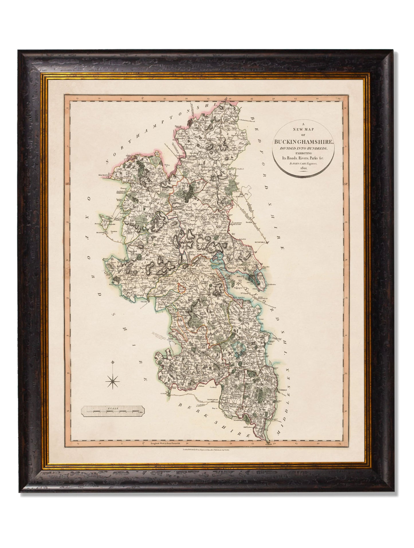 c 1806 county maps of england - premium glass-fronted framed art print with solid wood frame, ideal for contemporary home styling