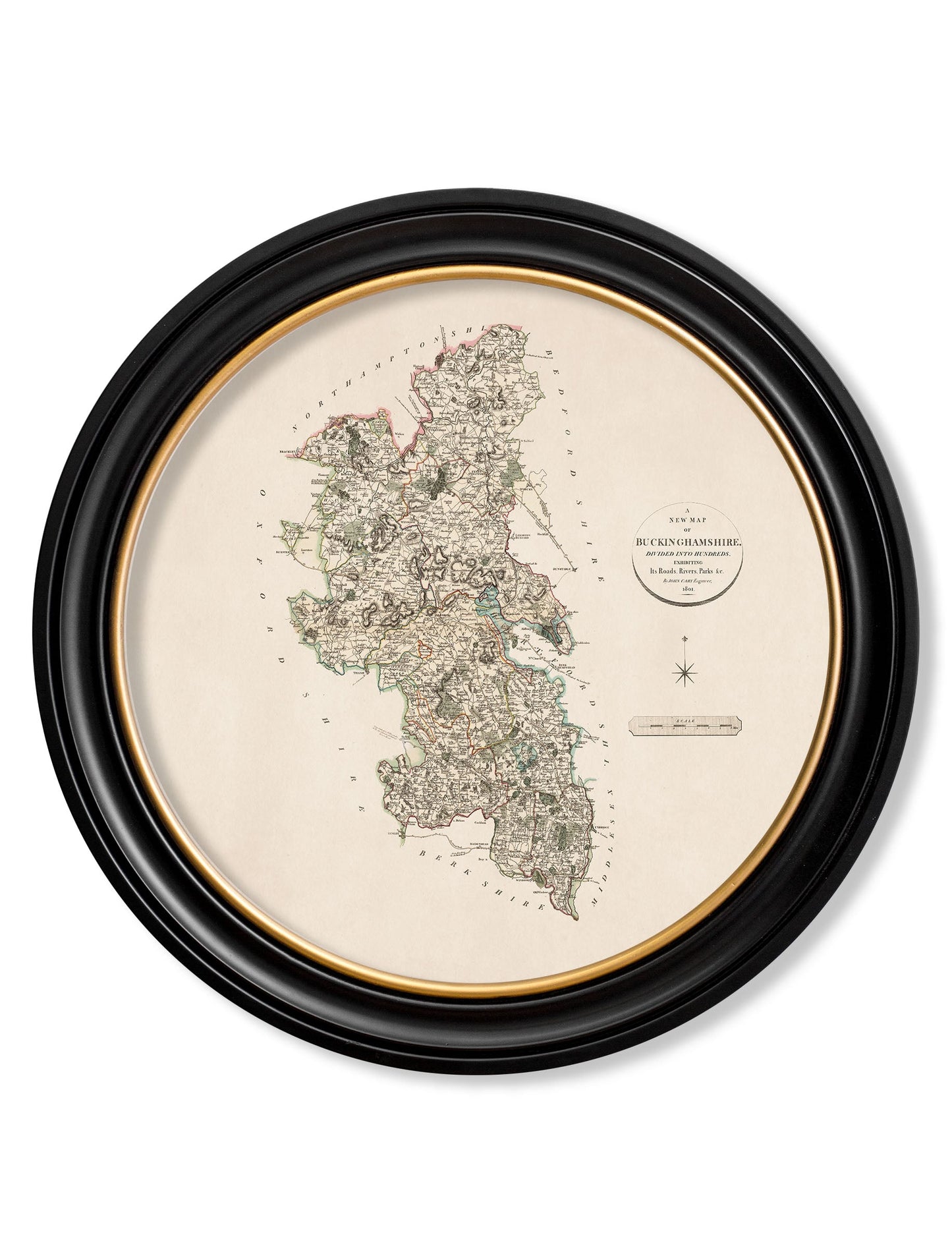 of c 1806 county maps of england round in size 70 x 70cm - glass-fronted framed wall art print with solid wood frame, perfect for statement wall decor