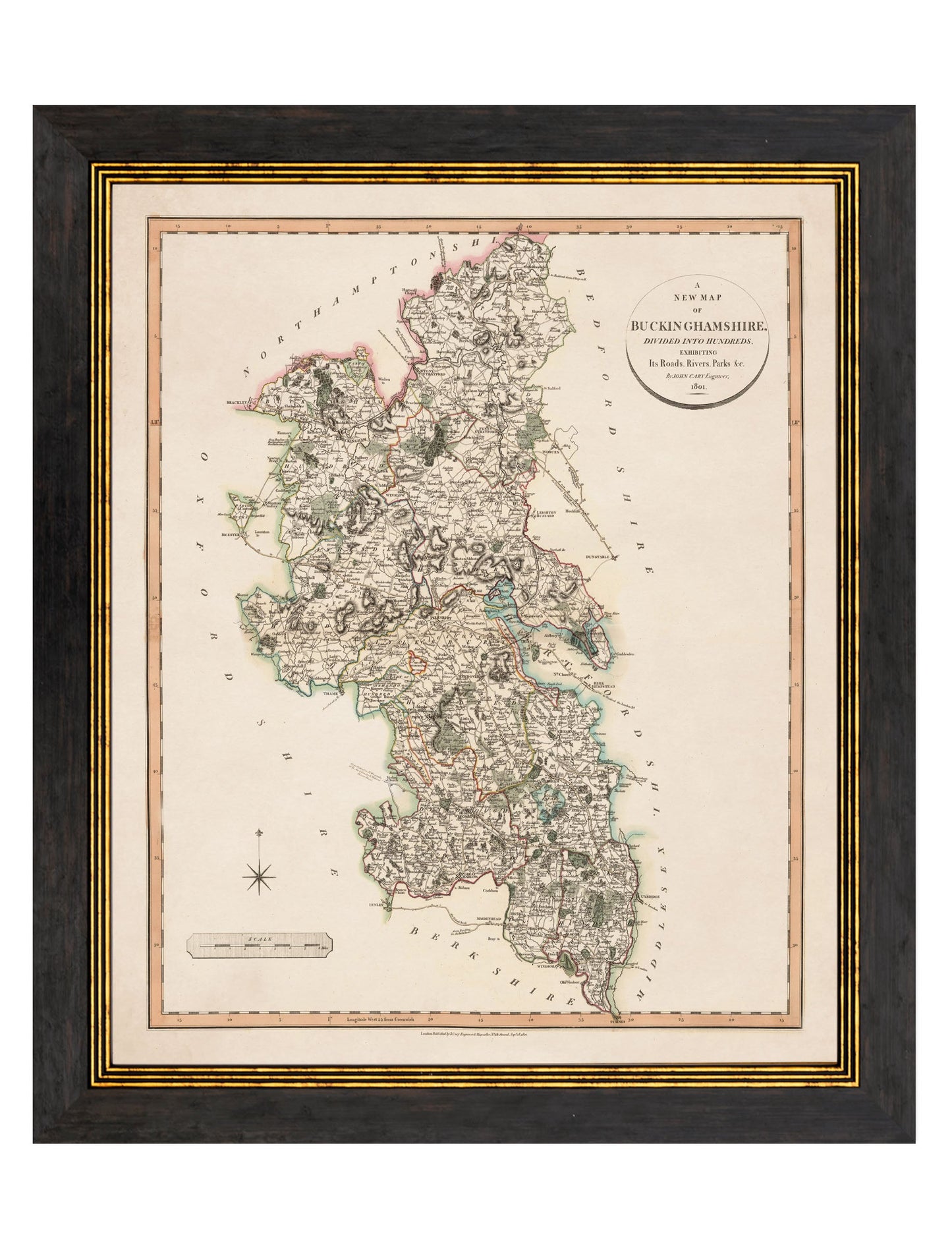 c 1806 county maps of england in size 84 x 70cm - glass-fronted framed wall art print with solid wood frame, ideal for contemporary home styling