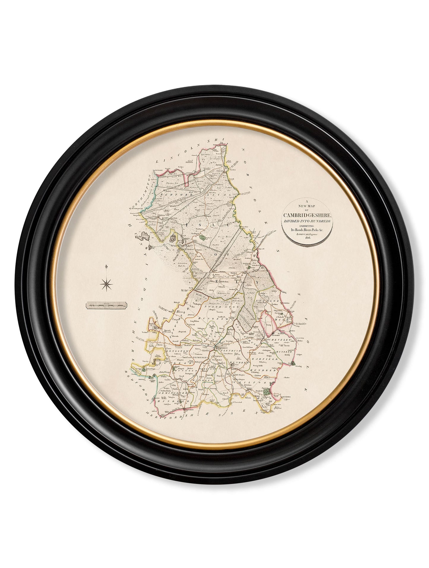 of c 1806 county maps of england round in size 70 x 70cm - glass-fronted framed wall art print with solid wood frame, perfect for luxury home decor