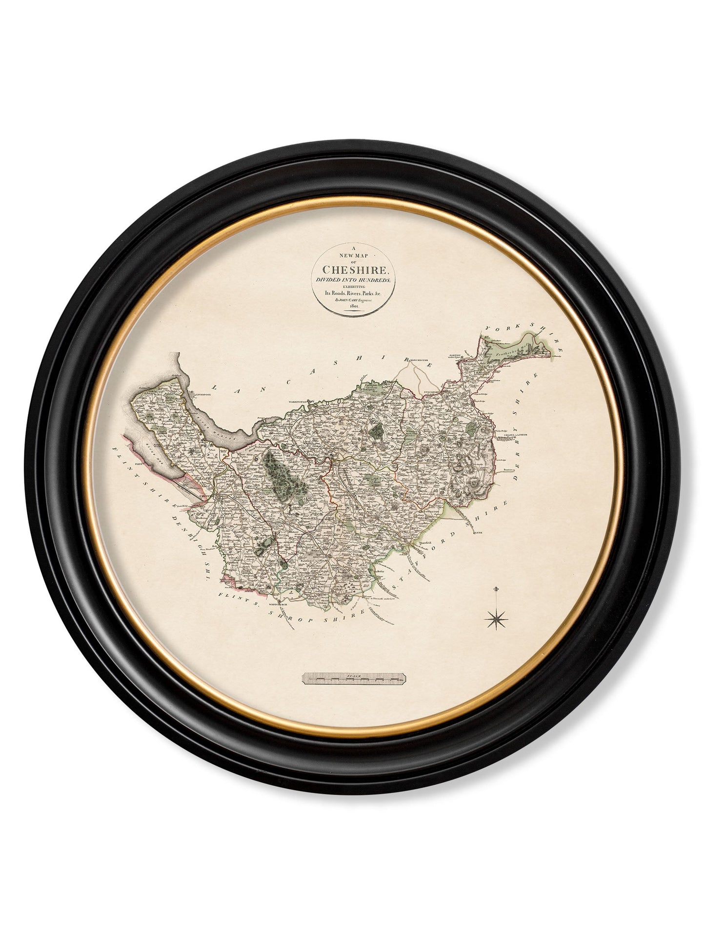 of c 1806 county maps of england round in size 70 x 70cm - glass-fronted framed wall art print with solid wood frame, perfect for statement wall decor