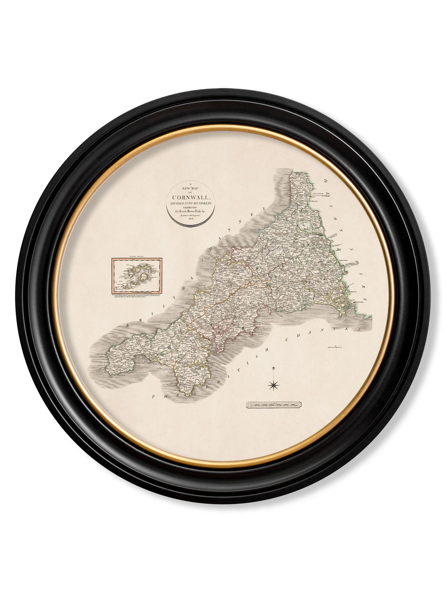 of c 1806 county maps of england round in size 70 x 70cm - glass-fronted framed wall art print with solid wood frame, perfect for luxury home decor