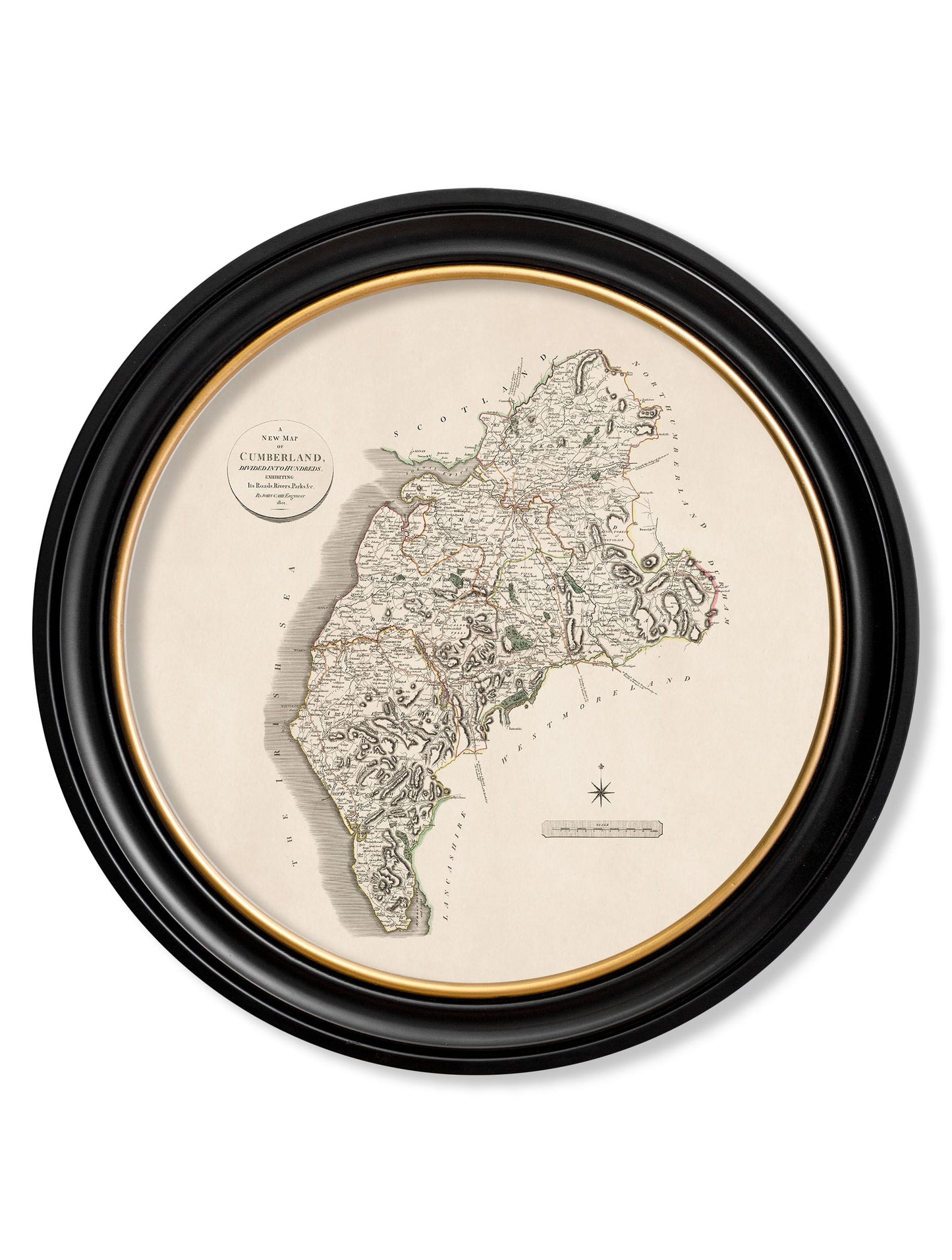 of c 1806 county maps of england round in size 70 x 70cm - glass-fronted framed wall art print with solid wood frame, luxury wall art for sophisticated spaces