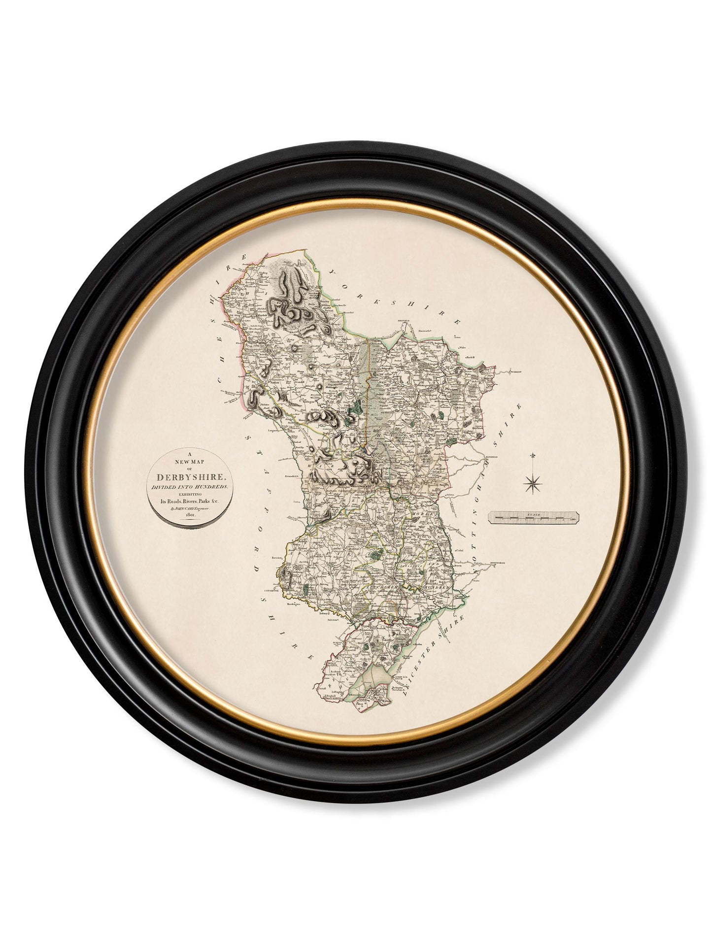of c 1806 county maps of england round in size 70 x 70cm - glass-fronted framed wall art print with solid wood frame, designed for high-end interior design