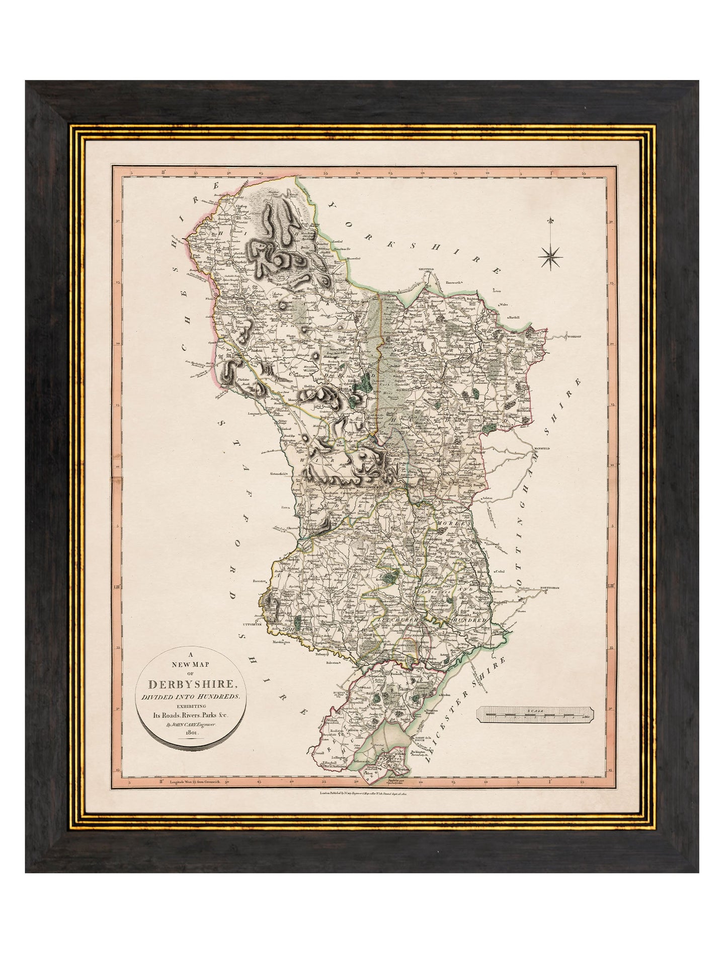c 1806 county maps of england in size 84 x 70cm - glass-fronted framed wall art print with solid wood frame, luxury wall art for sophisticated spaces
