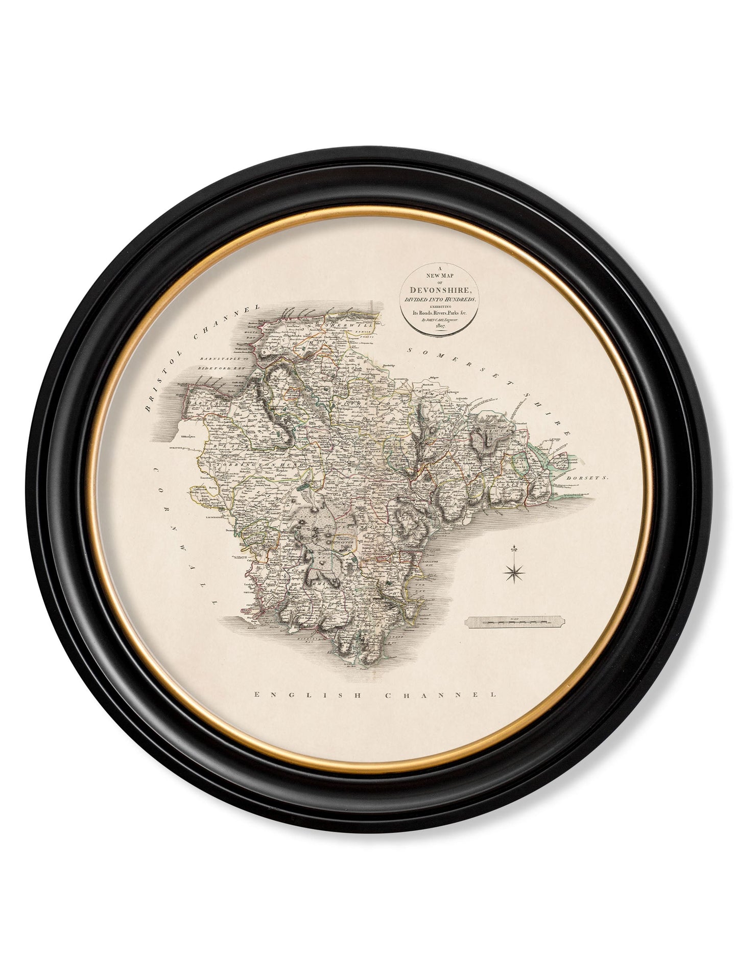 of c 1806 county maps of england round in size 70 x 70cm - glass-fronted framed wall art print with solid wood frame, a beautiful addition to stylish homes