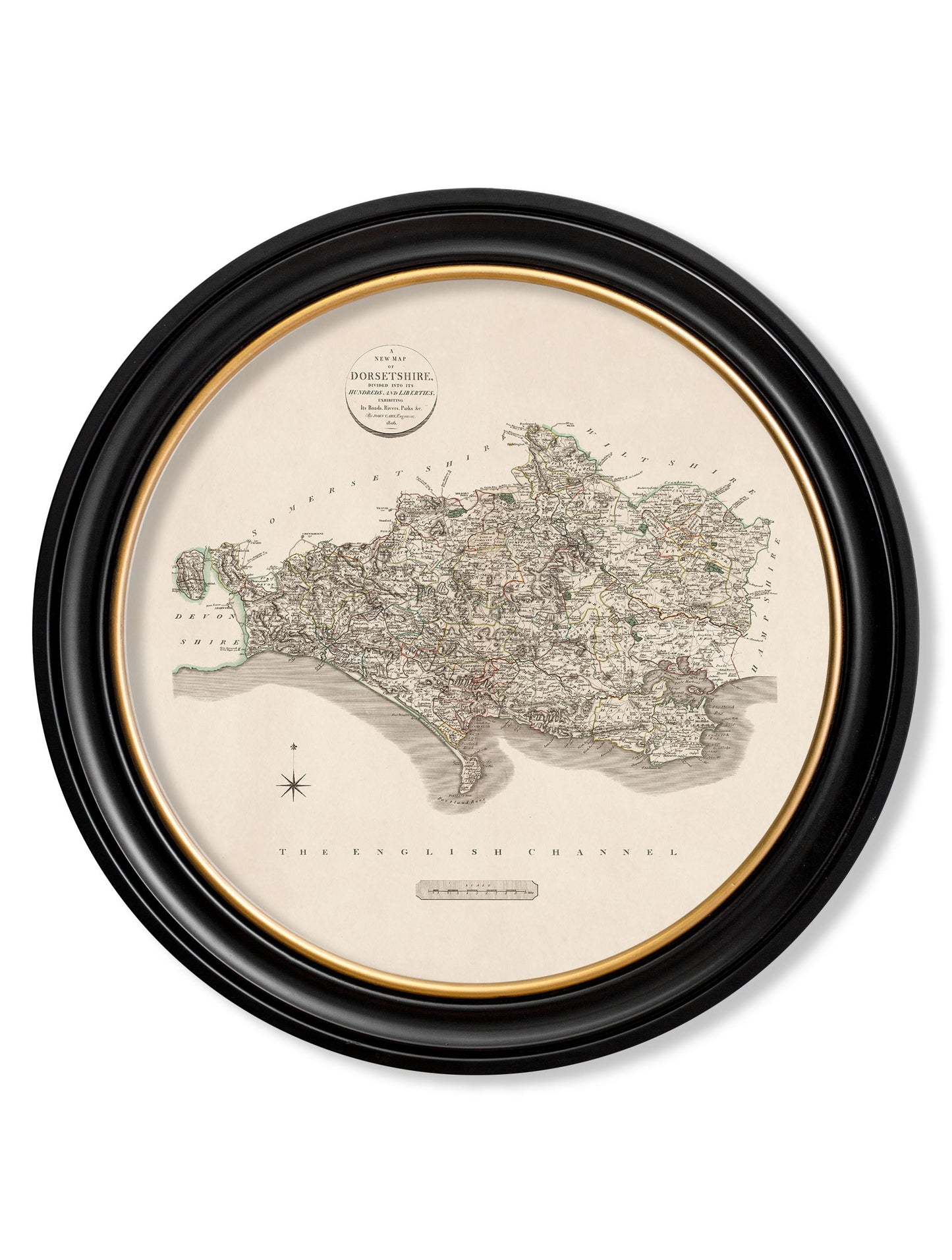 of c 1806 county maps of england round in size 70 x 70cm - glass-fronted framed wall art print with solid wood frame, a beautiful addition to stylish homes