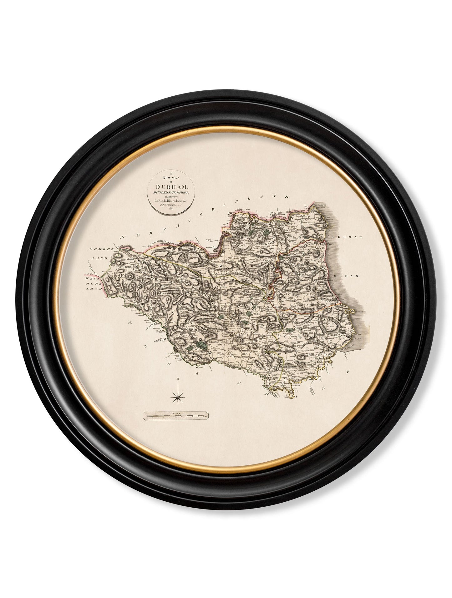 of c 1806 county maps of england round in size 70 x 70cm - glass-fronted framed wall art print with solid wood frame, perfect for statement wall decor