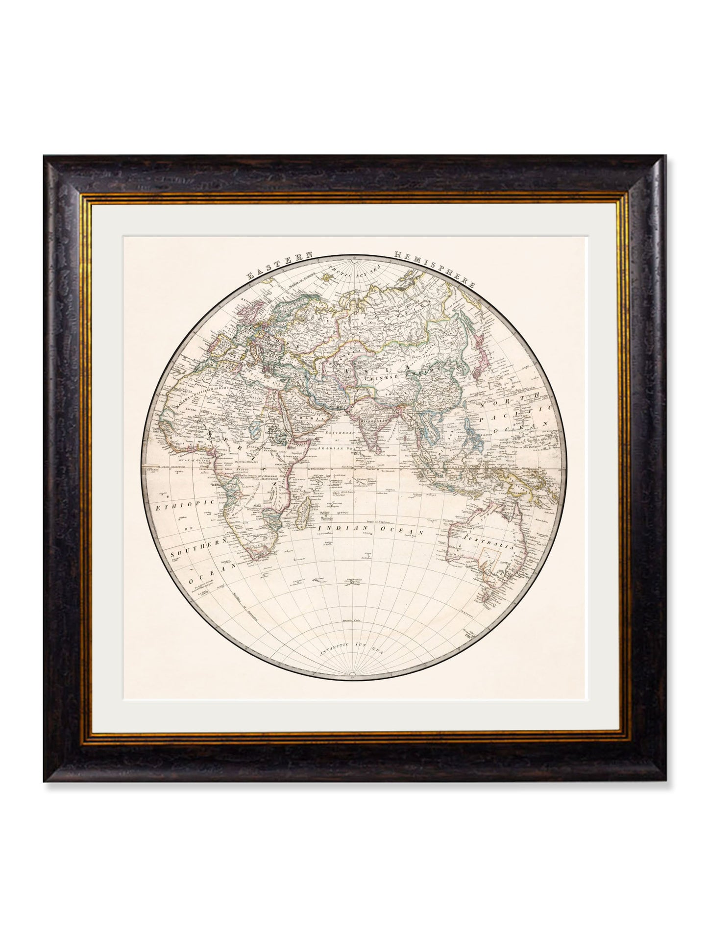 c 1838 world map hemispheres in size 70 x 70cm - glass-fronted framed wall art print with solid wood frame, a beautiful addition to stylish homes